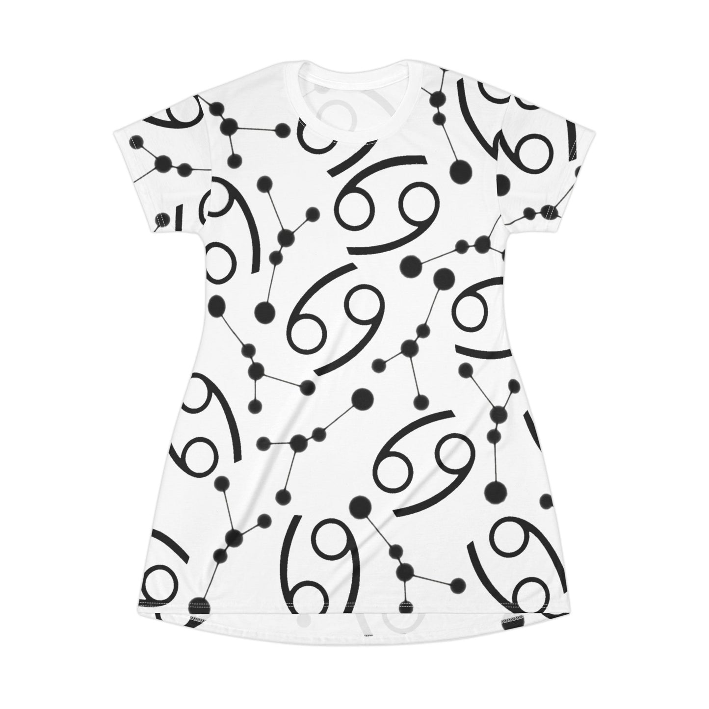 T-Shirt Dress (AOP), 100% Polyester, White thread color, Cancer Zodiac design
