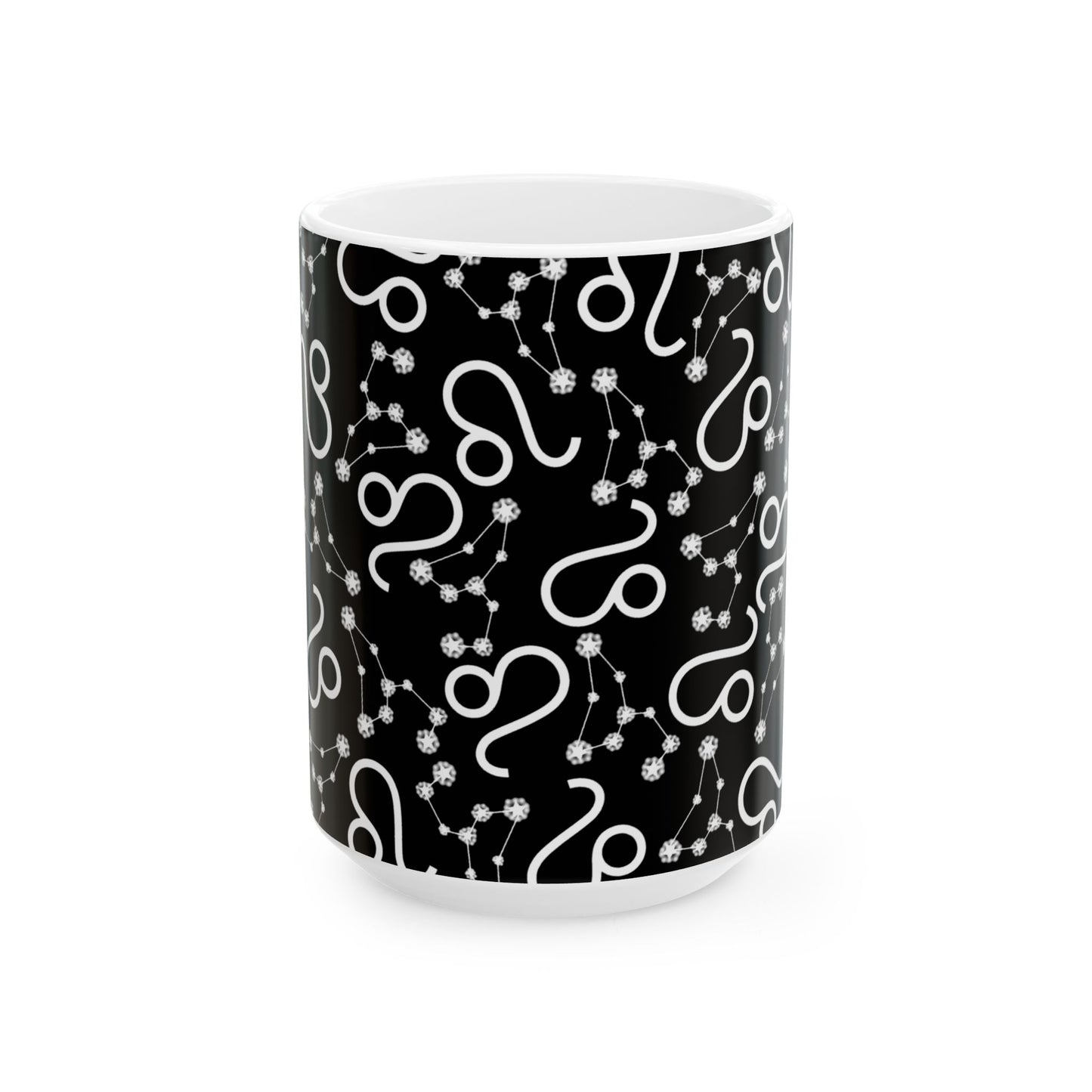 Ceramic Mug, (11oz, 15oz), Ceramic Coffee Mug, Black AOP, Leo Zodiac Design