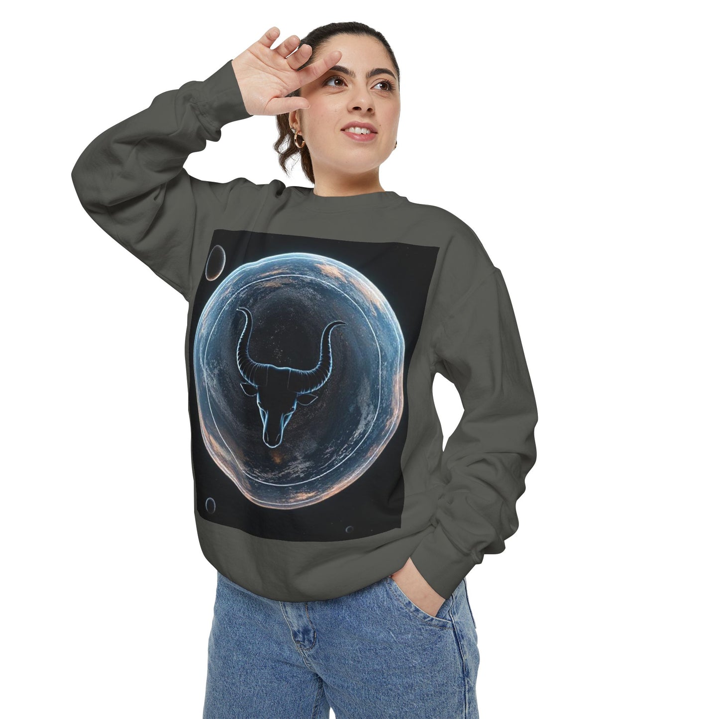 Garment-Dyed Sweatshirt, Unisex, Space Animal Design, Taurus