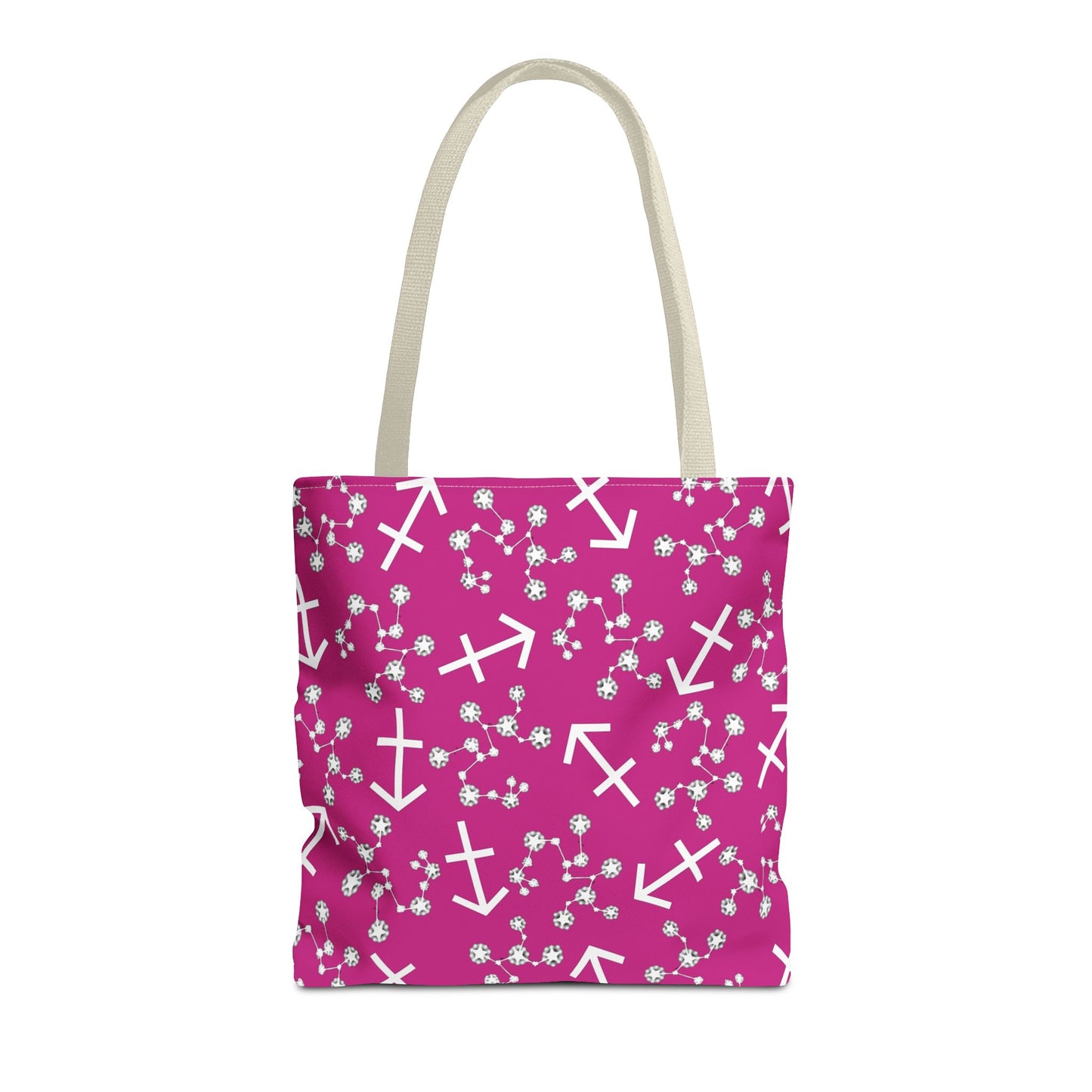 Tote Bag, Sagittarius Zodiac Sign, AOP, (Pink, White Print)