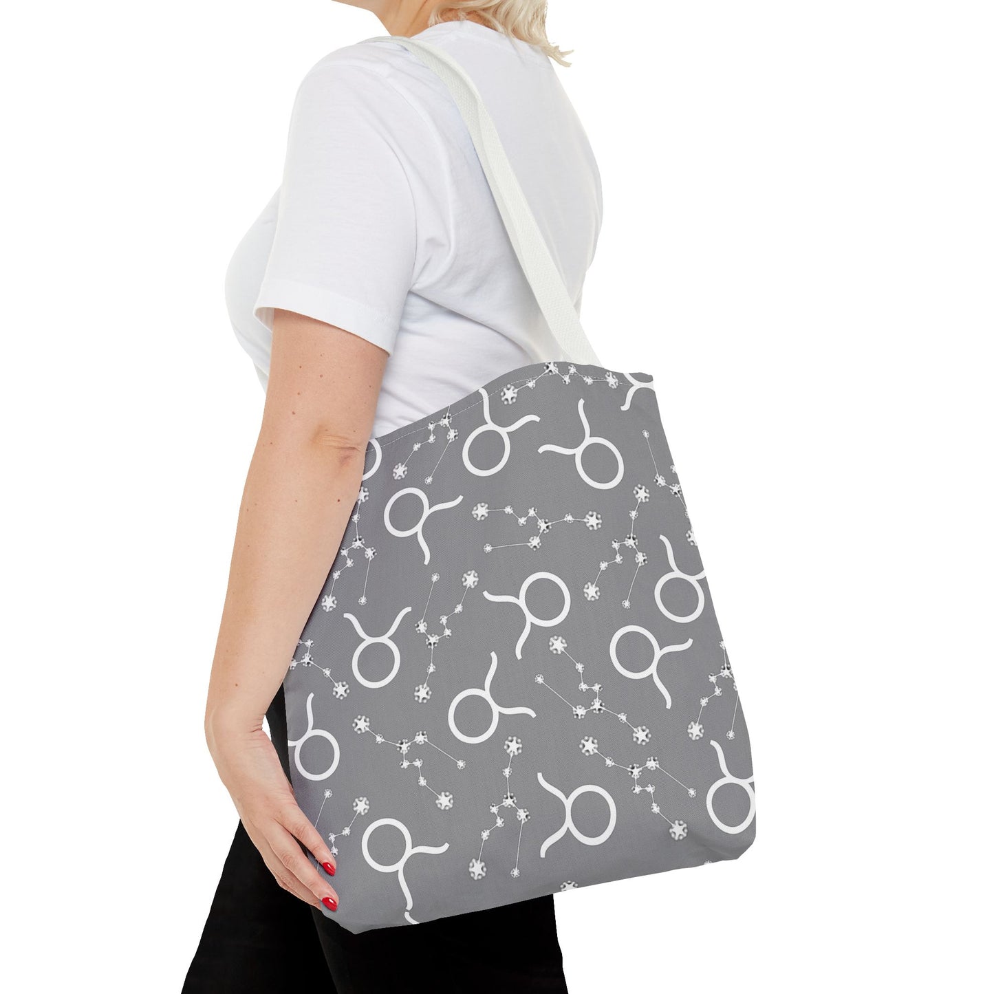 Tote Bag, Taurus Zodiac Sign, AOP, (Grey, White)