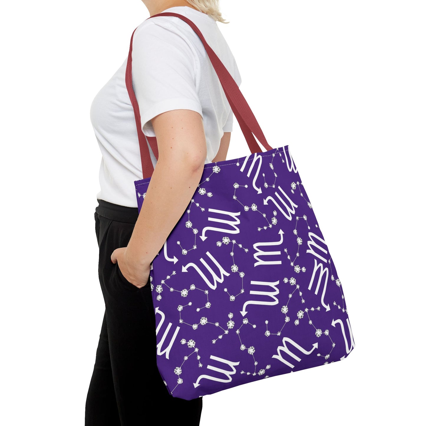 Tote Bag, Scorpio Zodiac Sign, AOP, (Purple, White)