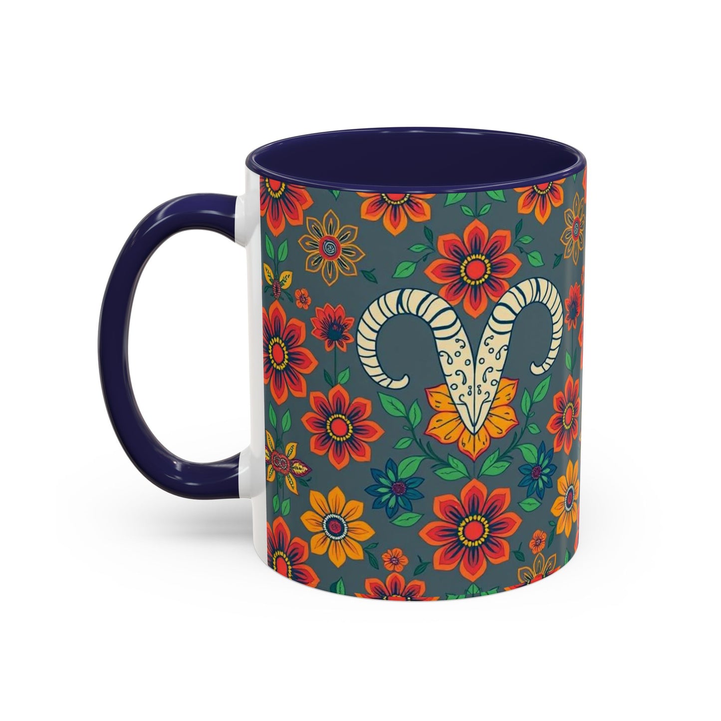 Accent Coffee Mug, Aries, Zodiac v4, Flower Pattern, (11, 15oz)
