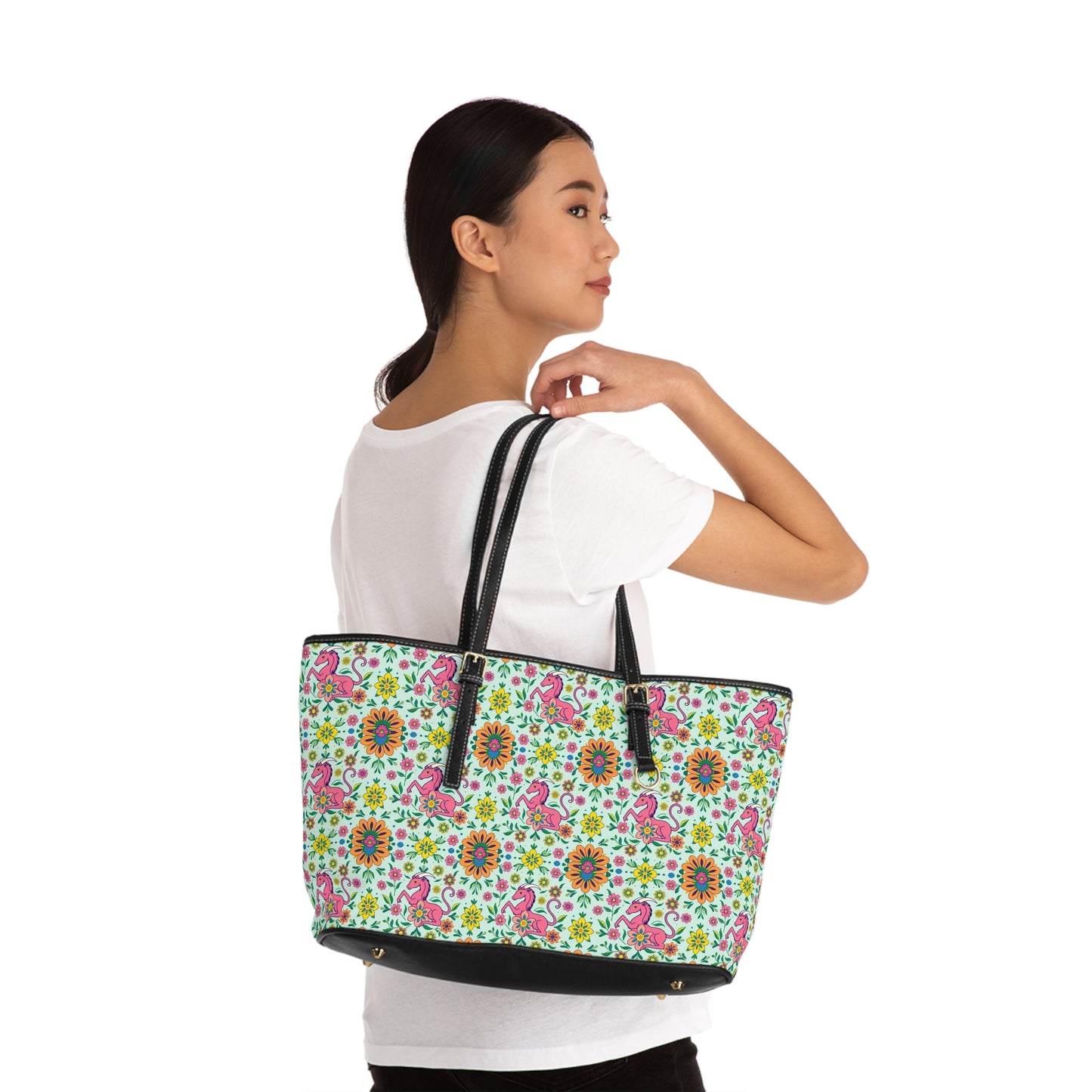 Leather Shoulder Bag, Aquarius, Zodiac v1, Flower Pattern