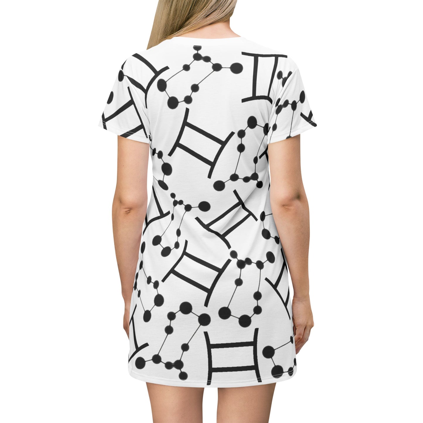 T-Shirt Dress (AOP), 100% Polyester, White thread color, Gemini Zodiac design