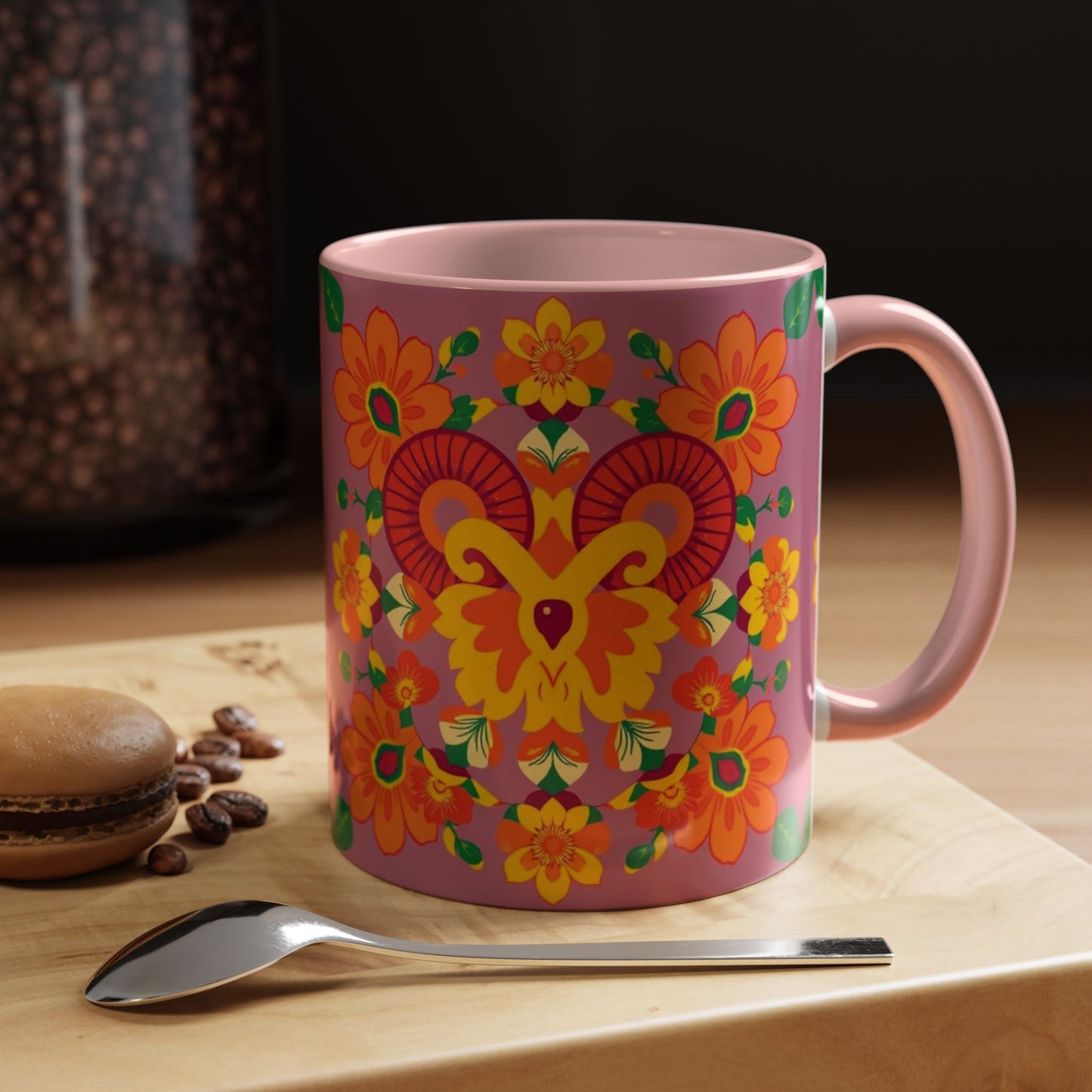 Accent Coffee Mug, Aries, Zodiac v1, Flower Pattern, (11, 15oz)