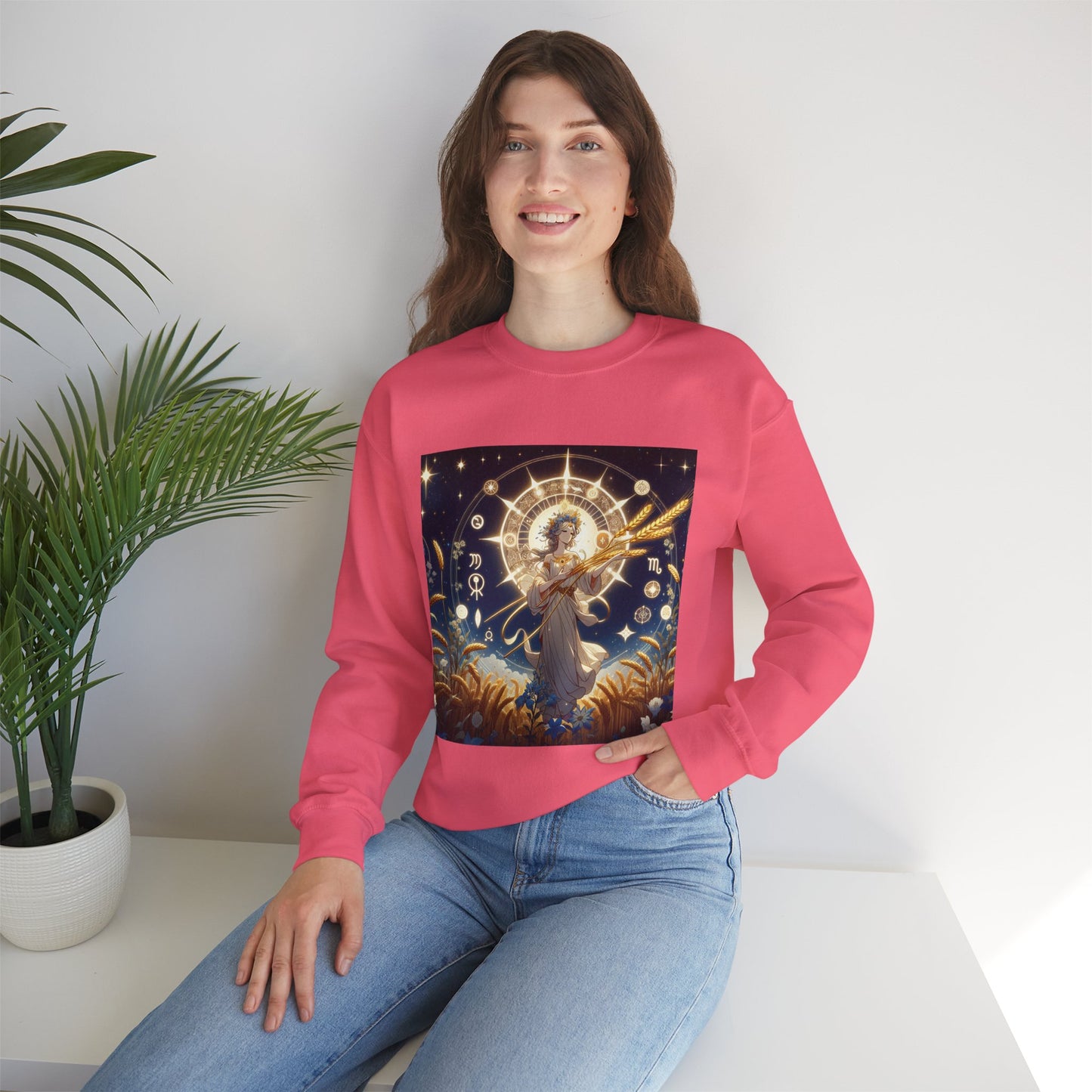 Unisex Heavy Blend™ Crewneck Sweatshirt, anime girl in wheat field, Virgo Zodiac Design
