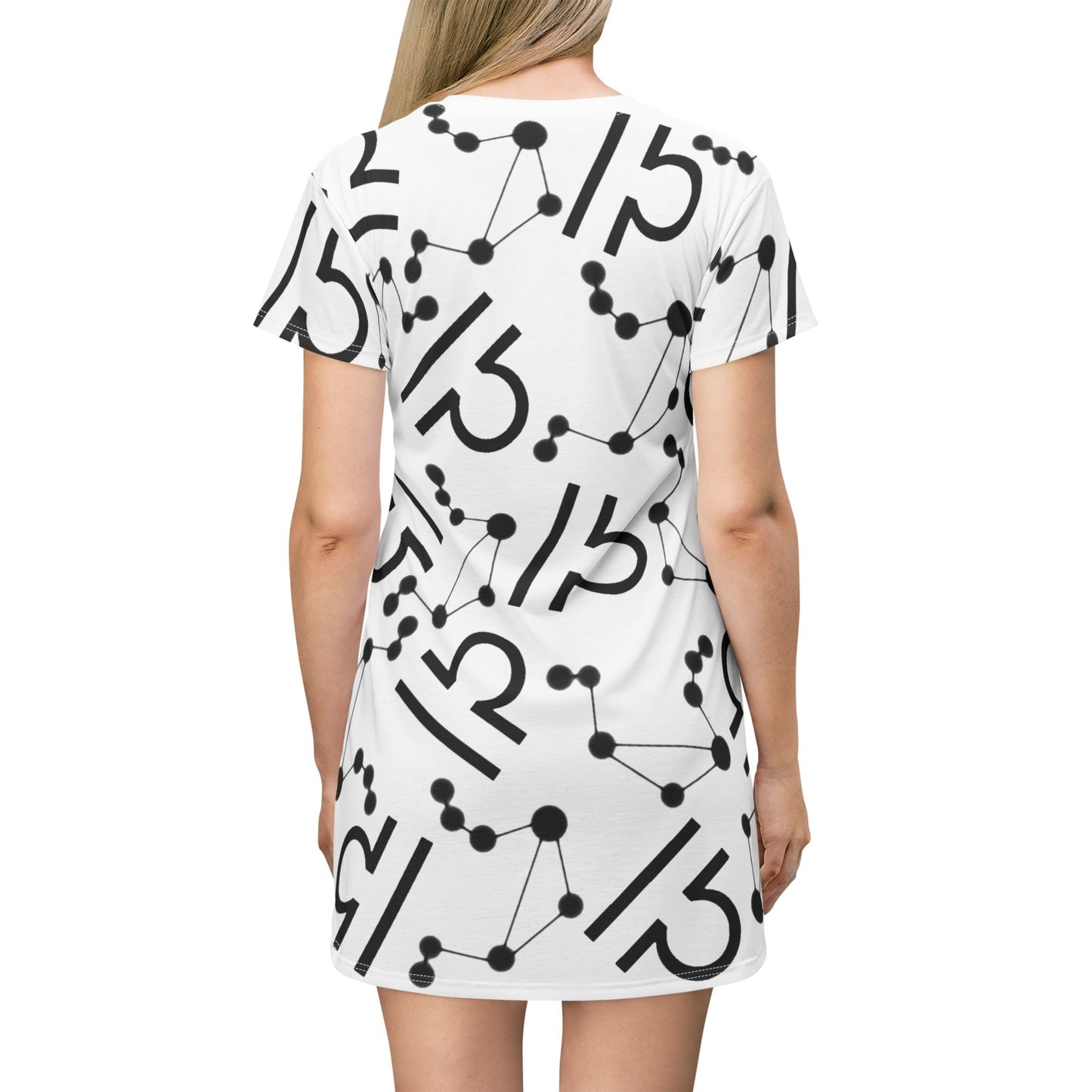 T-Shirt Dress (AOP), 100% Polyester, White thread color, Libra Zodiac design