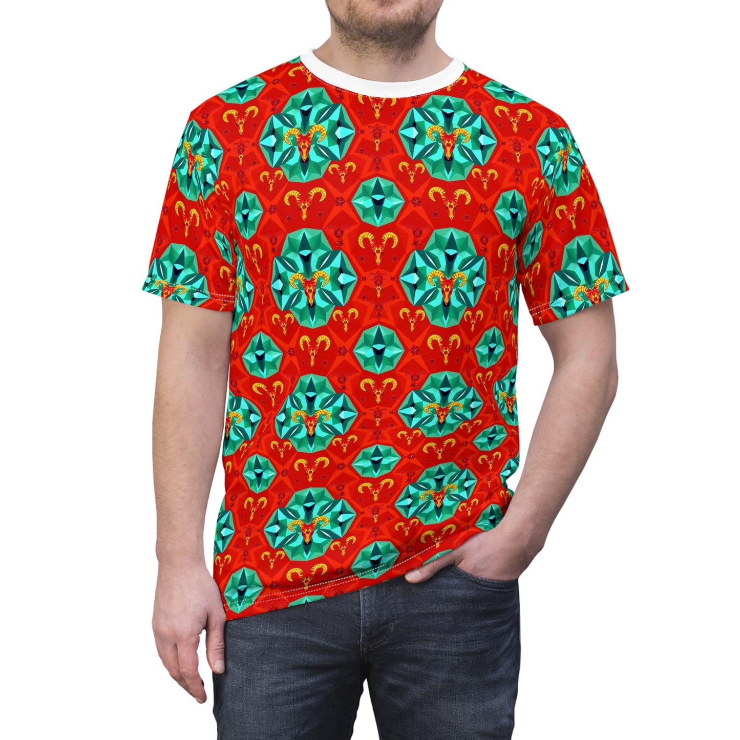 Unisex Cut & Sew T-Shirt, (AOP), Aries, Zodiac v2, Jewels Pattern