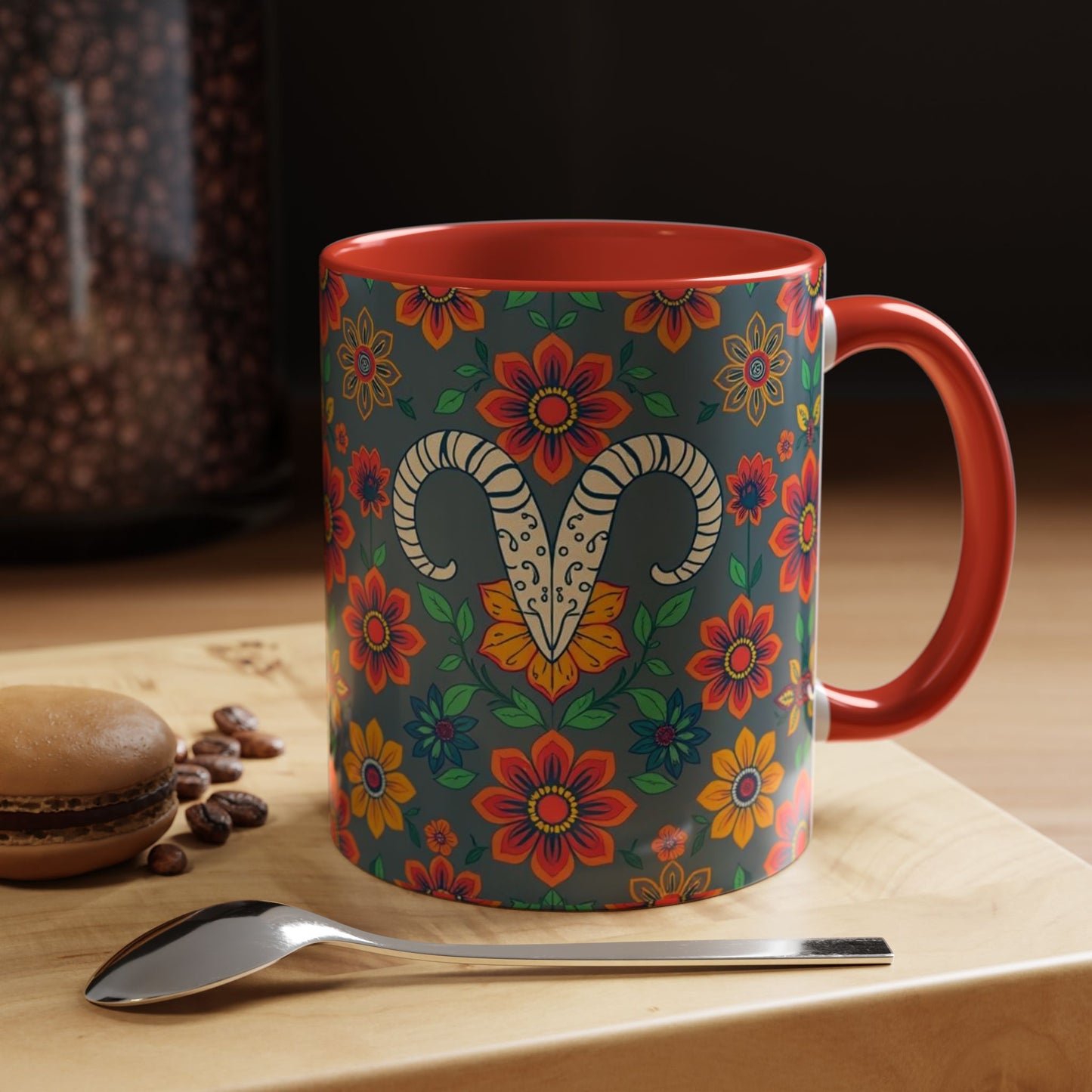 Accent Coffee Mug, Aries, Zodiac v4, Flower Pattern, (11, 15oz)