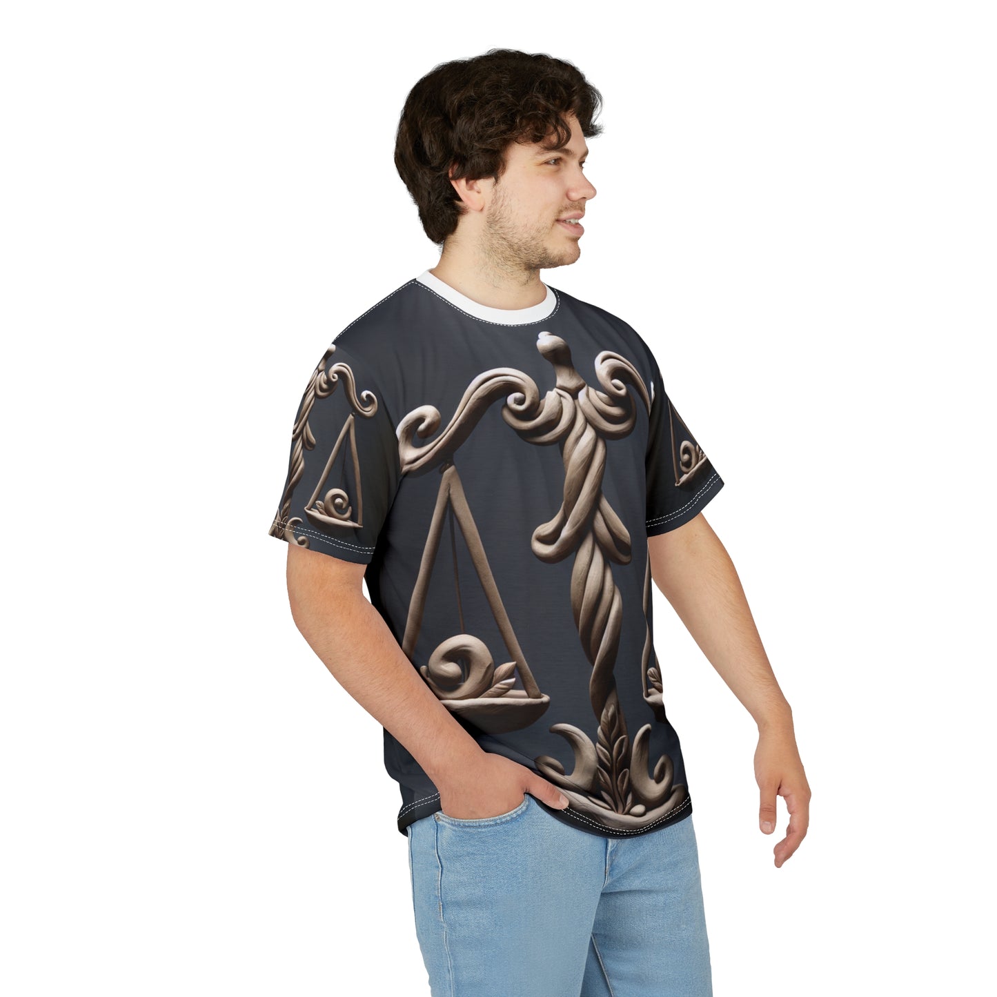 Unisex Cut & Sew T-Shirt (AOP), Bronze Scale, Libra Zodiac Design, Regular fit, 100% Polyester