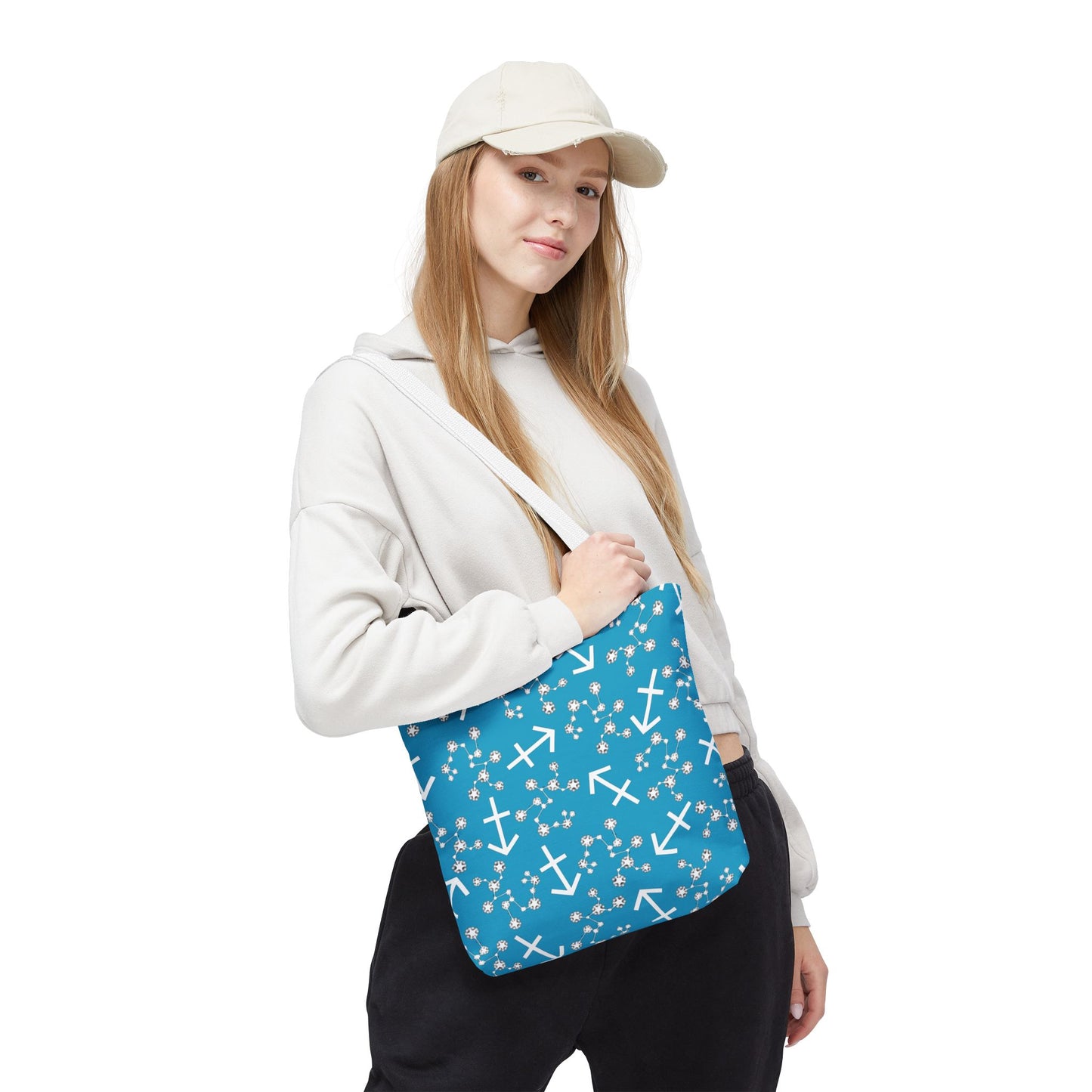 Tote Bag, Sagittarius Zodiac Sign, AOP, (Turquoise, White Print)