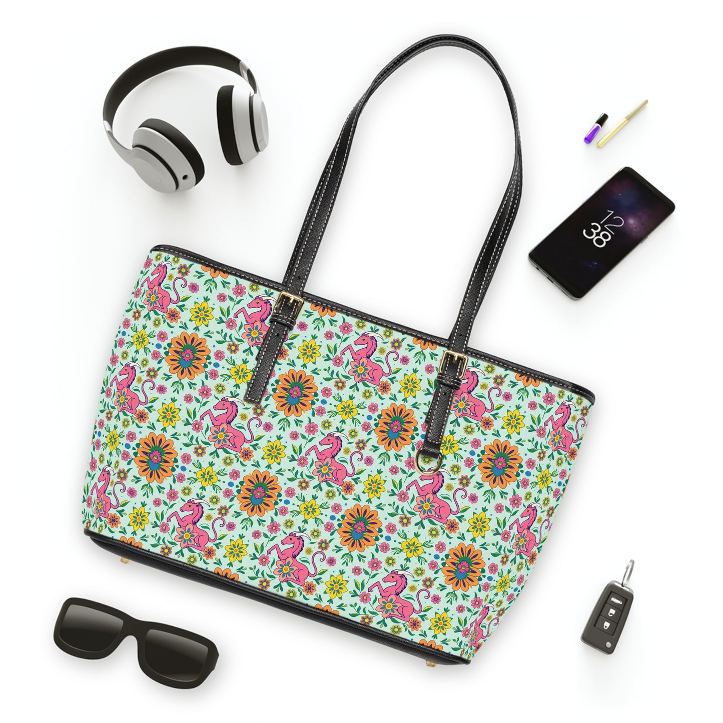 Leather Shoulder Bag, Aquarius, Zodiac v1, Flower Pattern