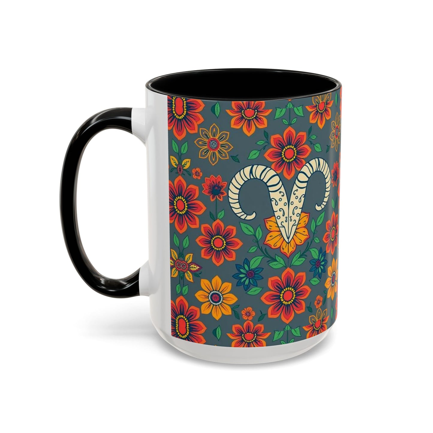Accent Coffee Mug, Aries, Zodiac v4, Flower Pattern, (11, 15oz)