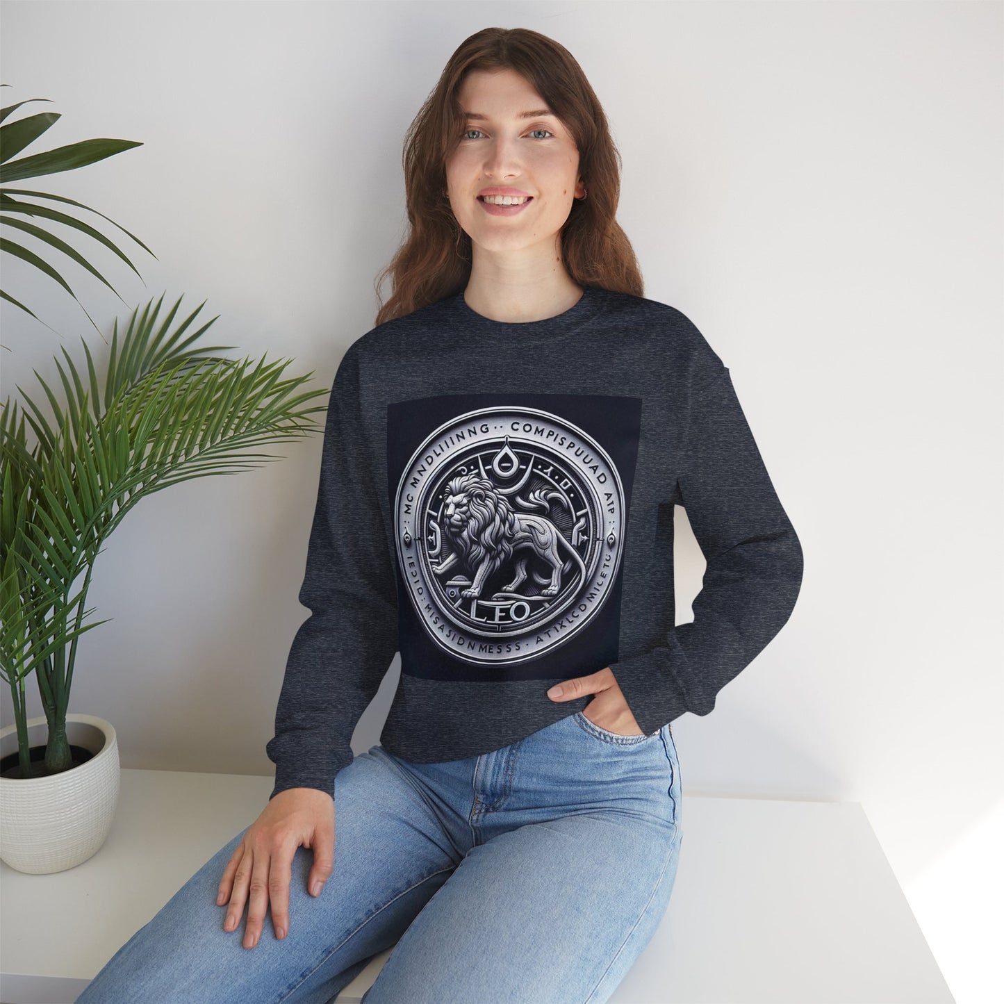 Unisex Heavy Blend™ Crewneck Sweatshirt, Lion Coin, Leo Zodiac Design