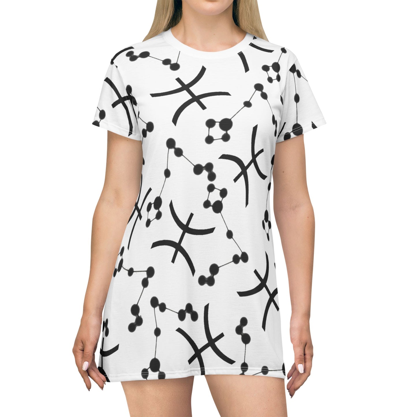 T-Shirt Dress (AOP), 100% Polyester, White thread color, Pisces Zodiac design