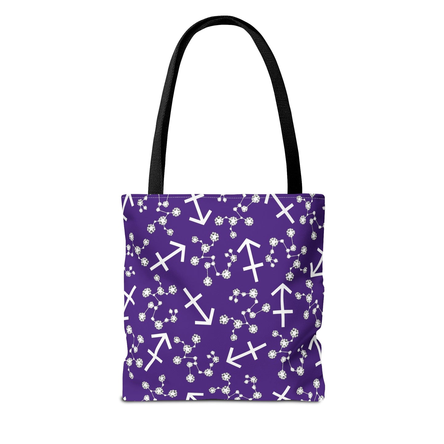 Tote Bag, Sagittarius Zodiac Sign, AOP, (Purple, White Print)