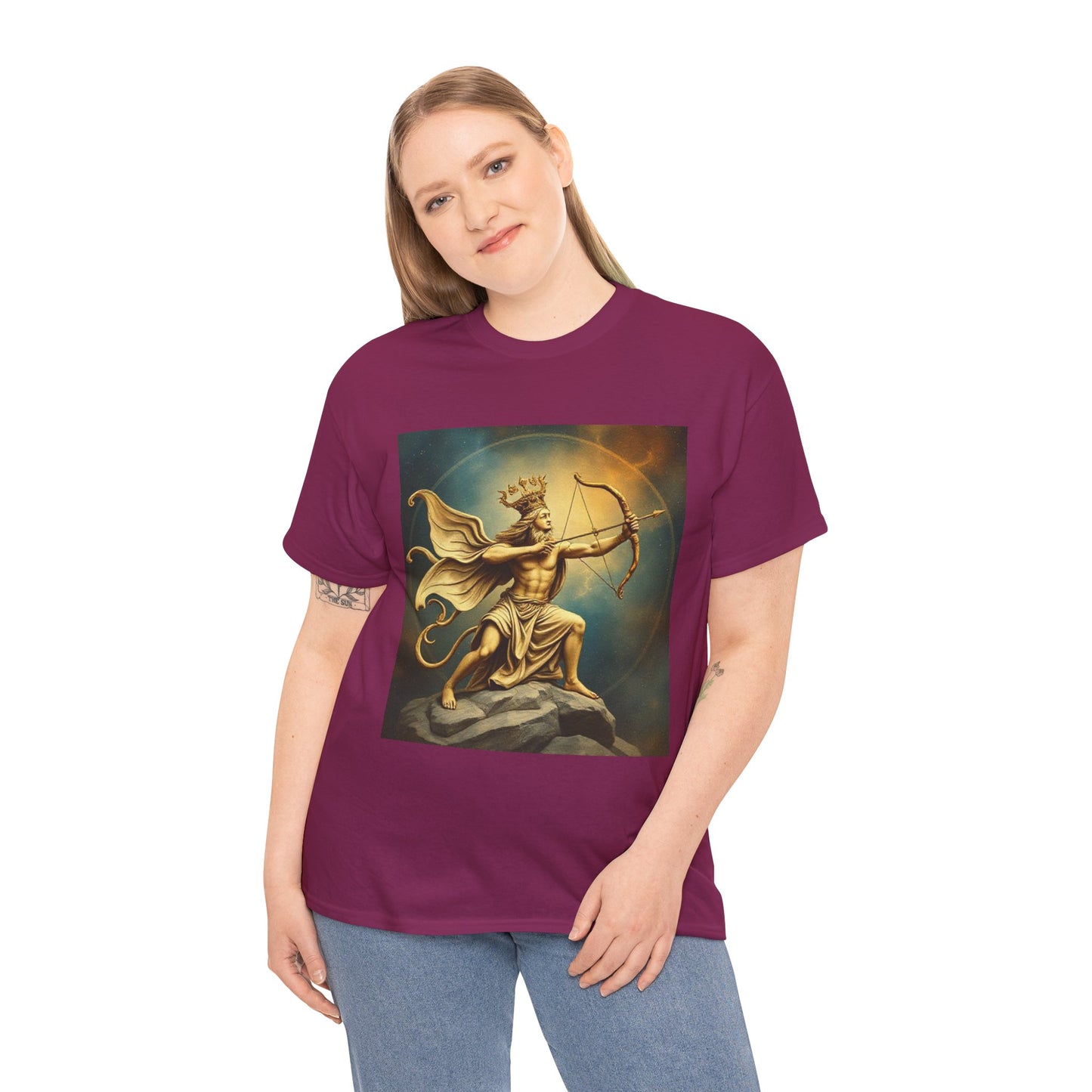 Unisex Heavy Cotton T-Shirt, Sagittarius King, Bow & Arrow v1, Zodiac Design