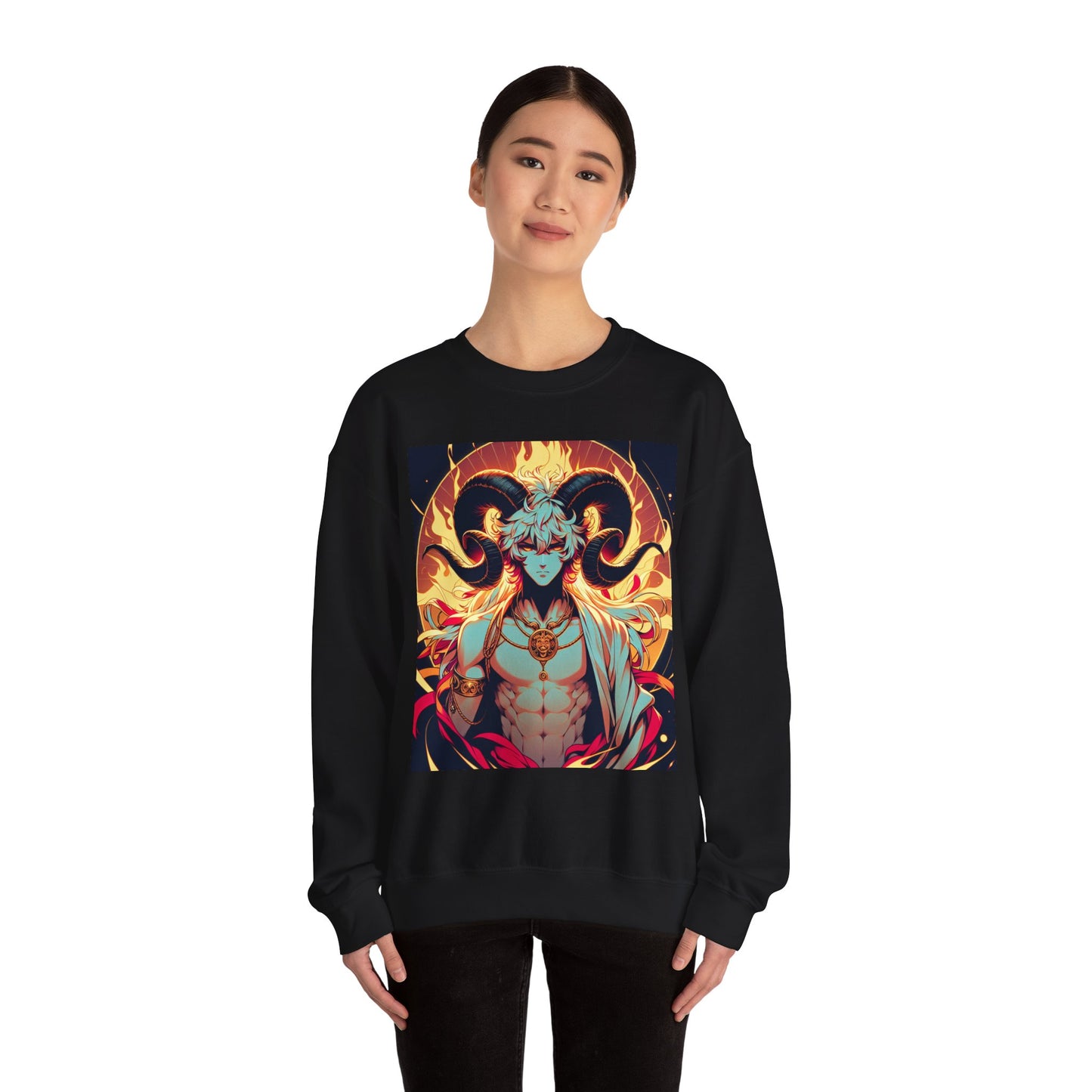 Unisex Heavy Blend™ Crewneck Sweatshirt, Anime Fire Aries, Zodiac Design