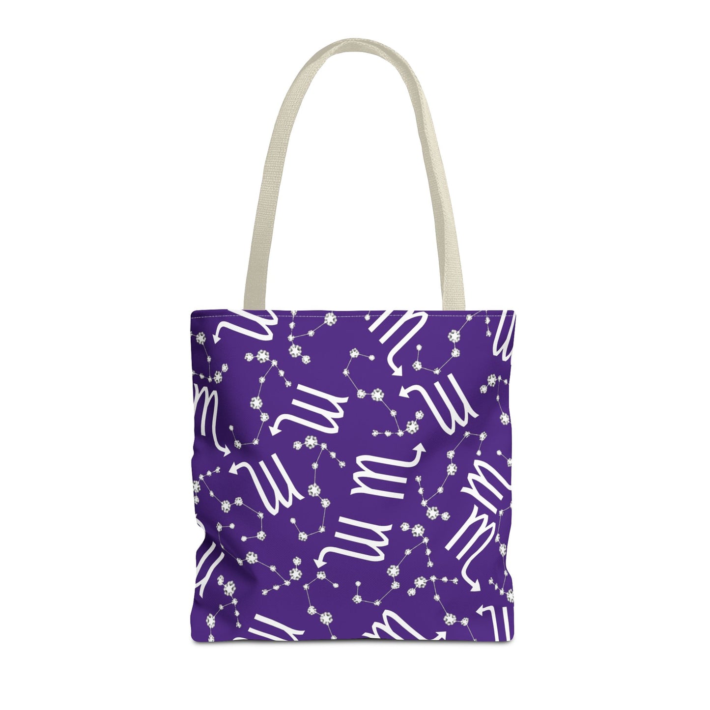 Tote Bag, Scorpio Zodiac Sign, AOP, (Purple, White)