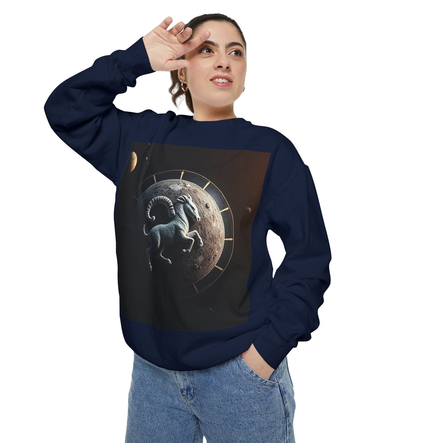 Garment-Dyed Sweatshirt, Unisex, Space Animal Design, Aries