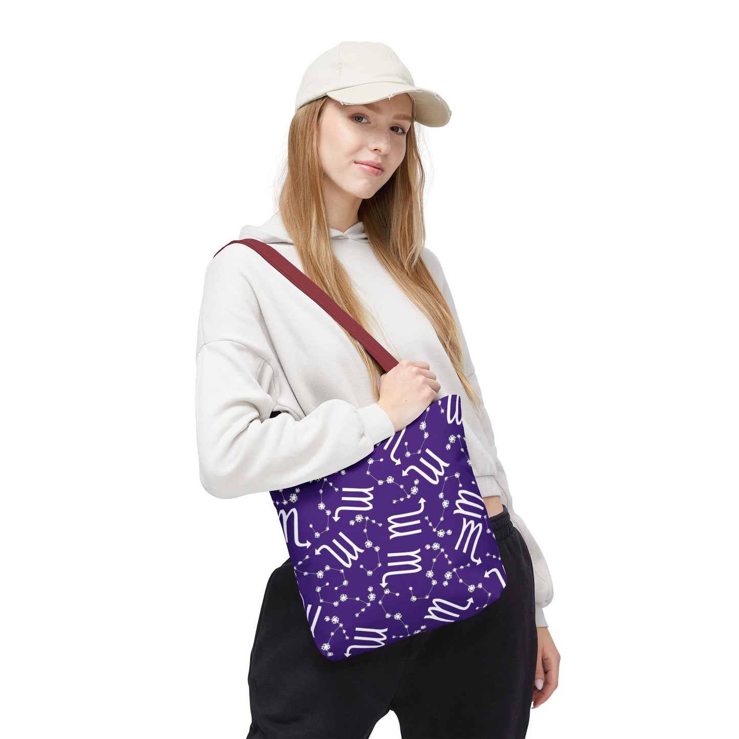 Tote Bag, Scorpio Zodiac Sign, AOP, (Purple, White)