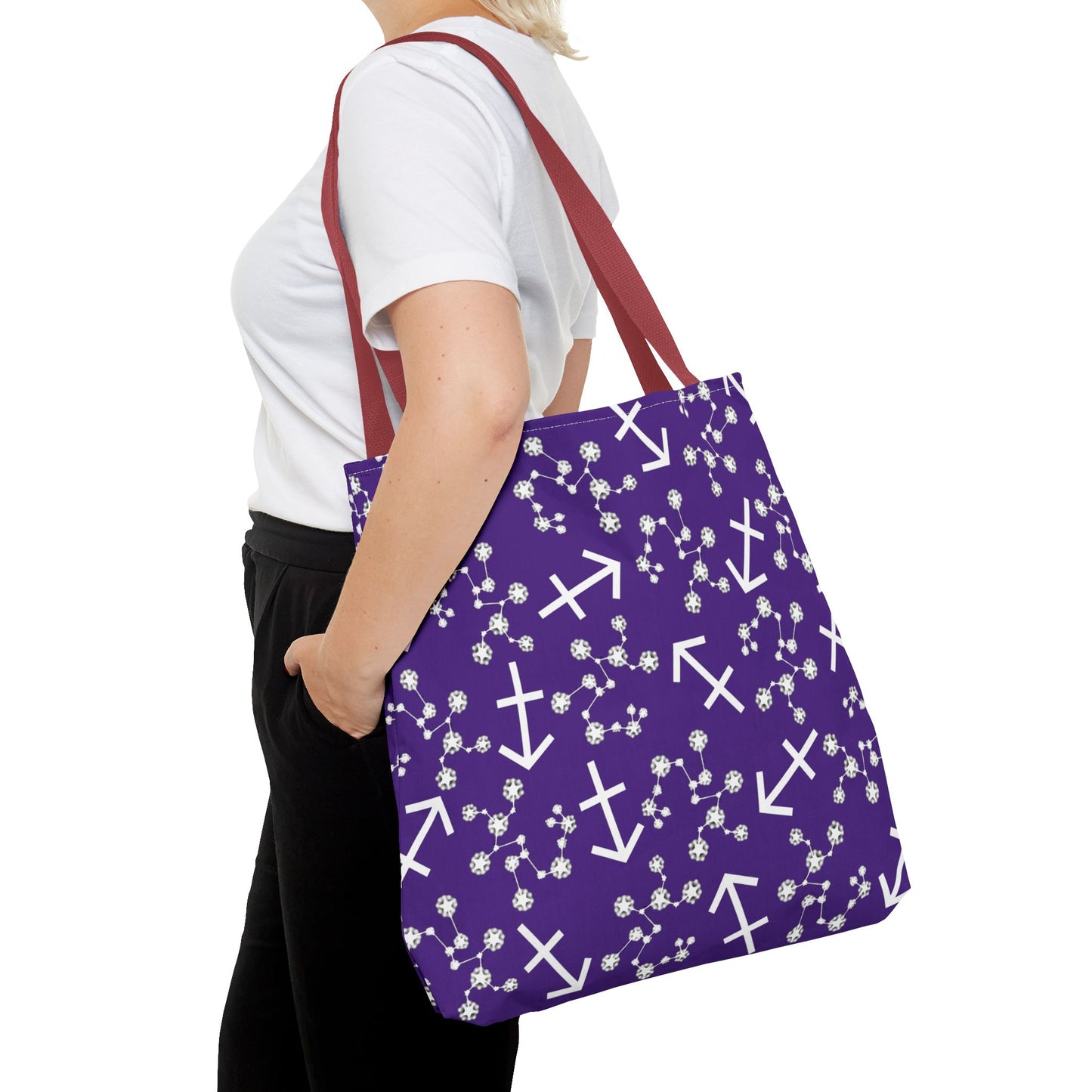 Tote Bag, Sagittarius Zodiac Sign, AOP, (Purple, White Print)