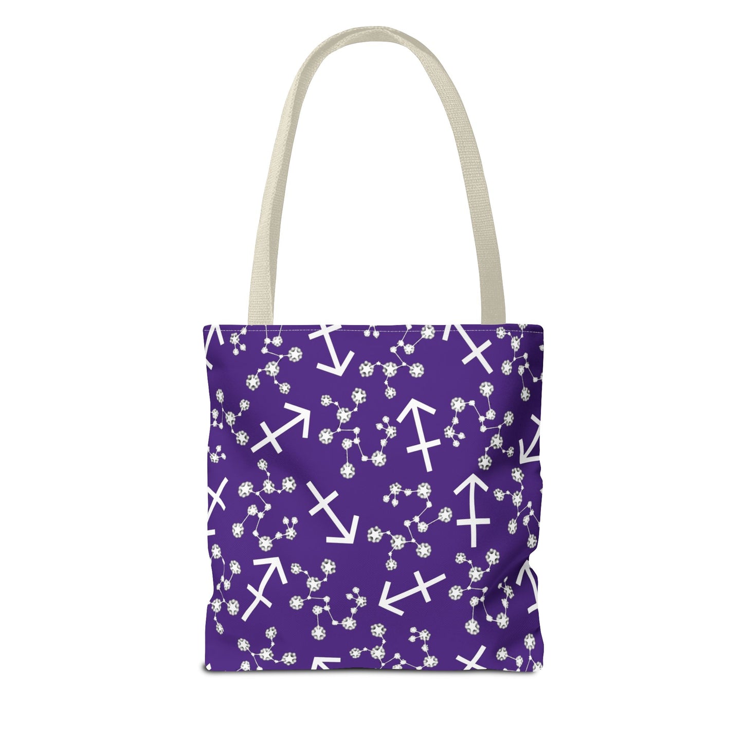 Tote Bag, Sagittarius Zodiac Sign, AOP, (Purple, White Print)