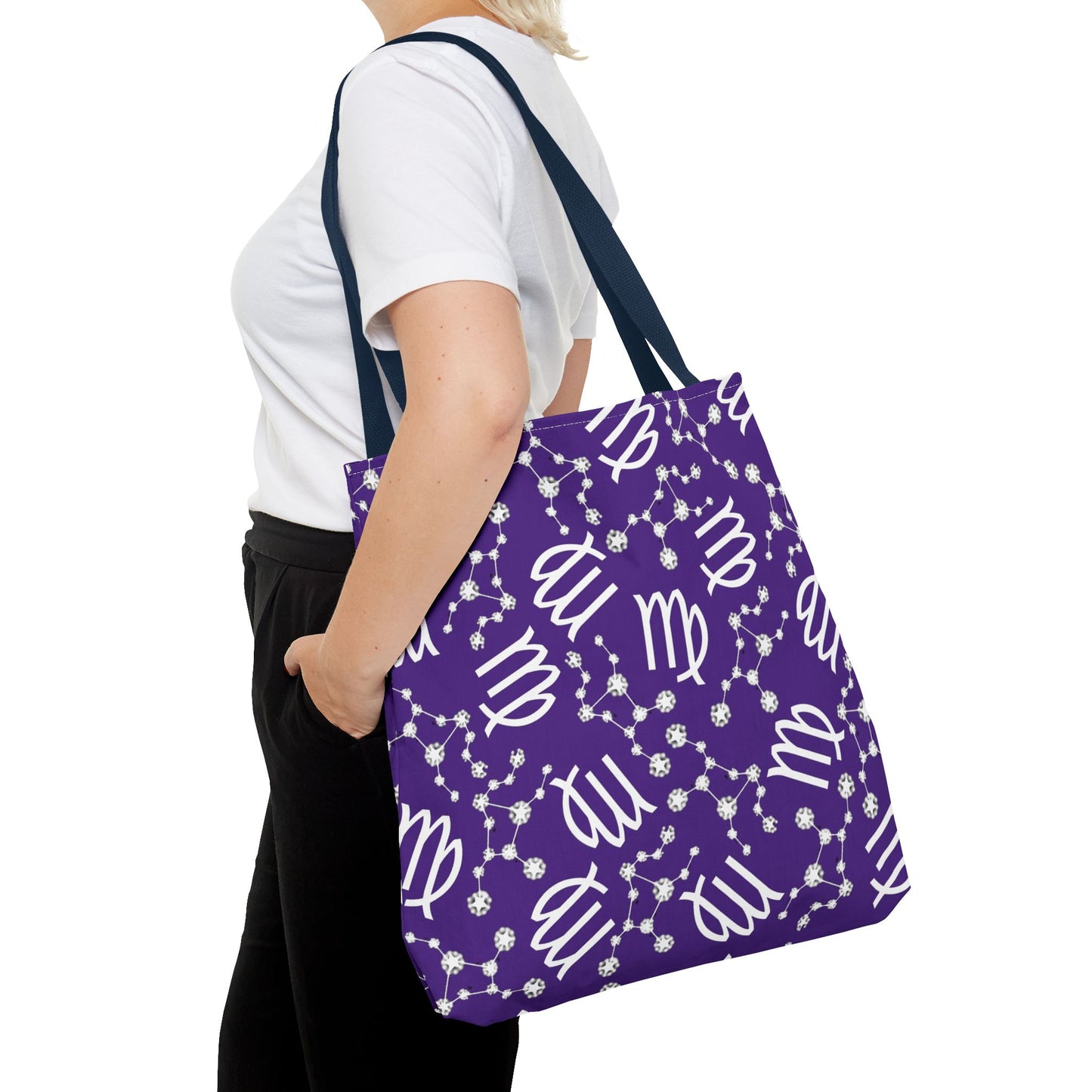 Tote Bag, Virgo Zodiac Sign, AOP, (Purple, White)