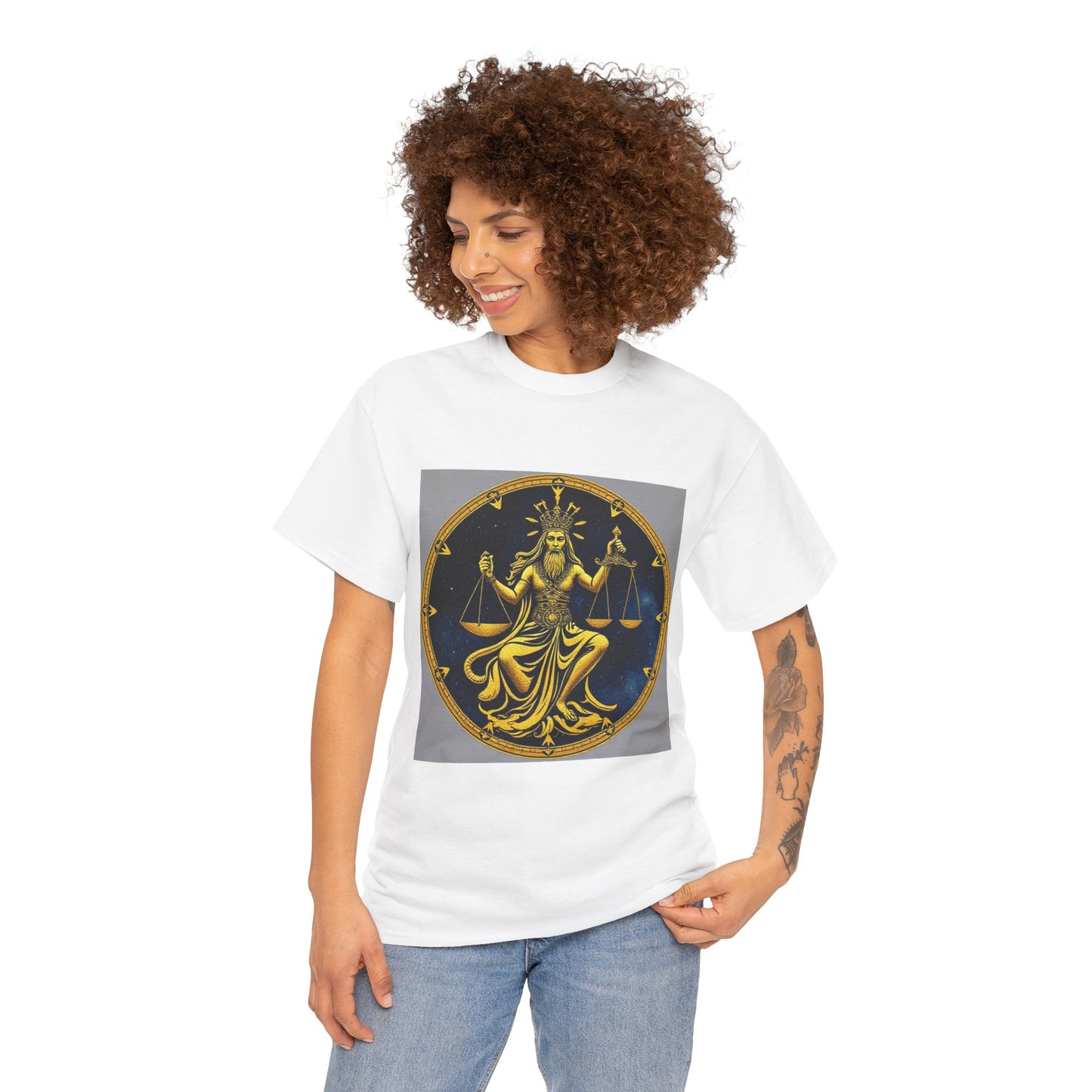 Unisex Heavy Cotton T-Shirt, Gold Libra God, Zodiac Design