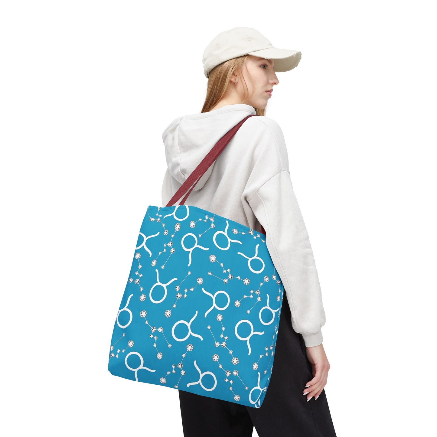 Tote Bag, Taurus Zodiac Sign, AOP, (Turquoise, White)