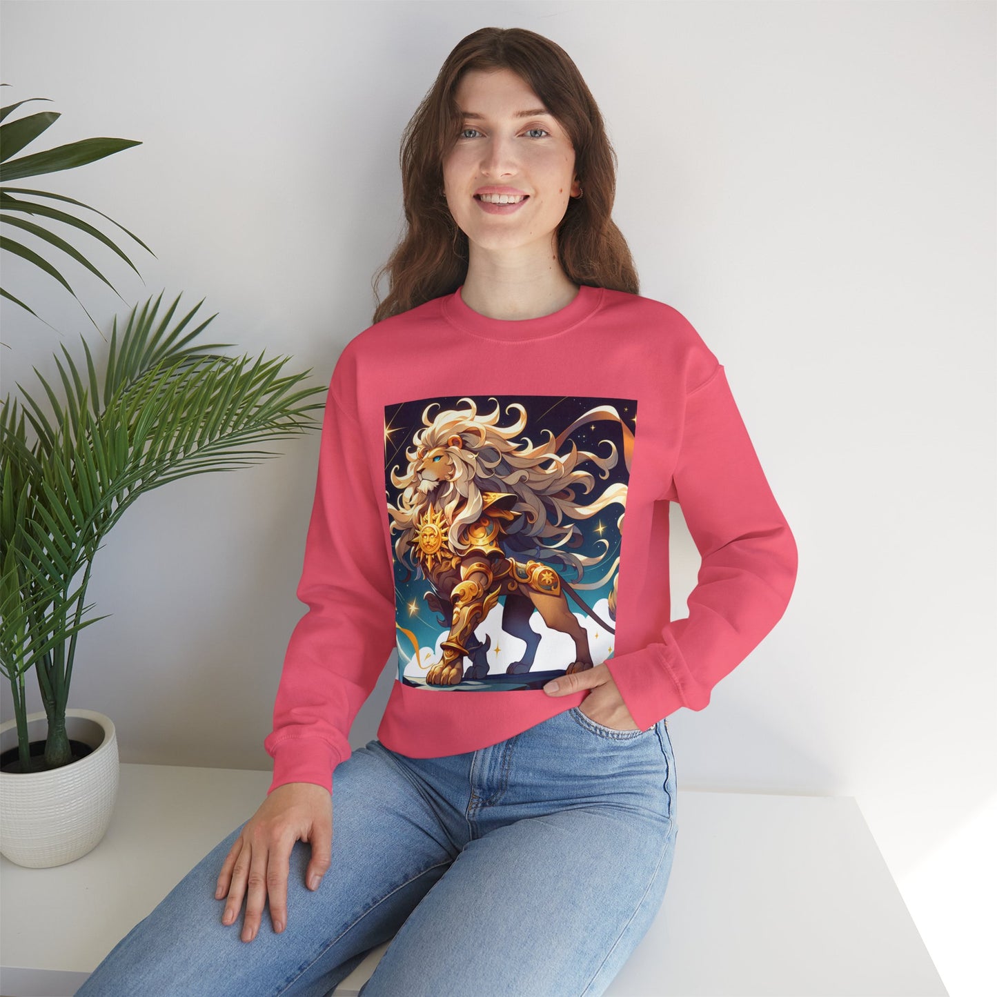 Unisex Heavy Blend™ Crewneck Sweatshirt,Cool Lion with White Hair, Leo Zodiac Design