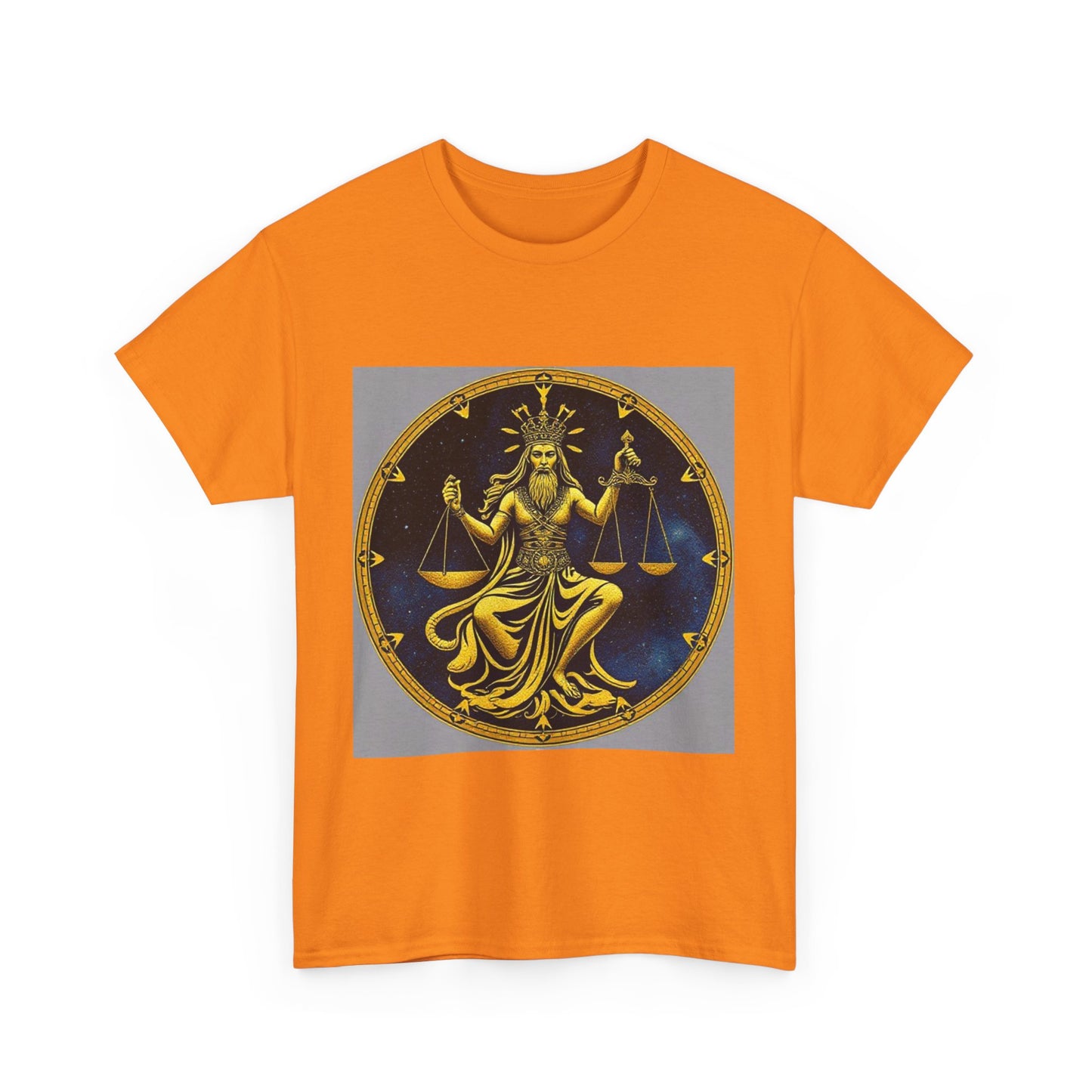 Unisex Heavy Cotton T-Shirt, Gold v1, Libra God, Zodiac Design