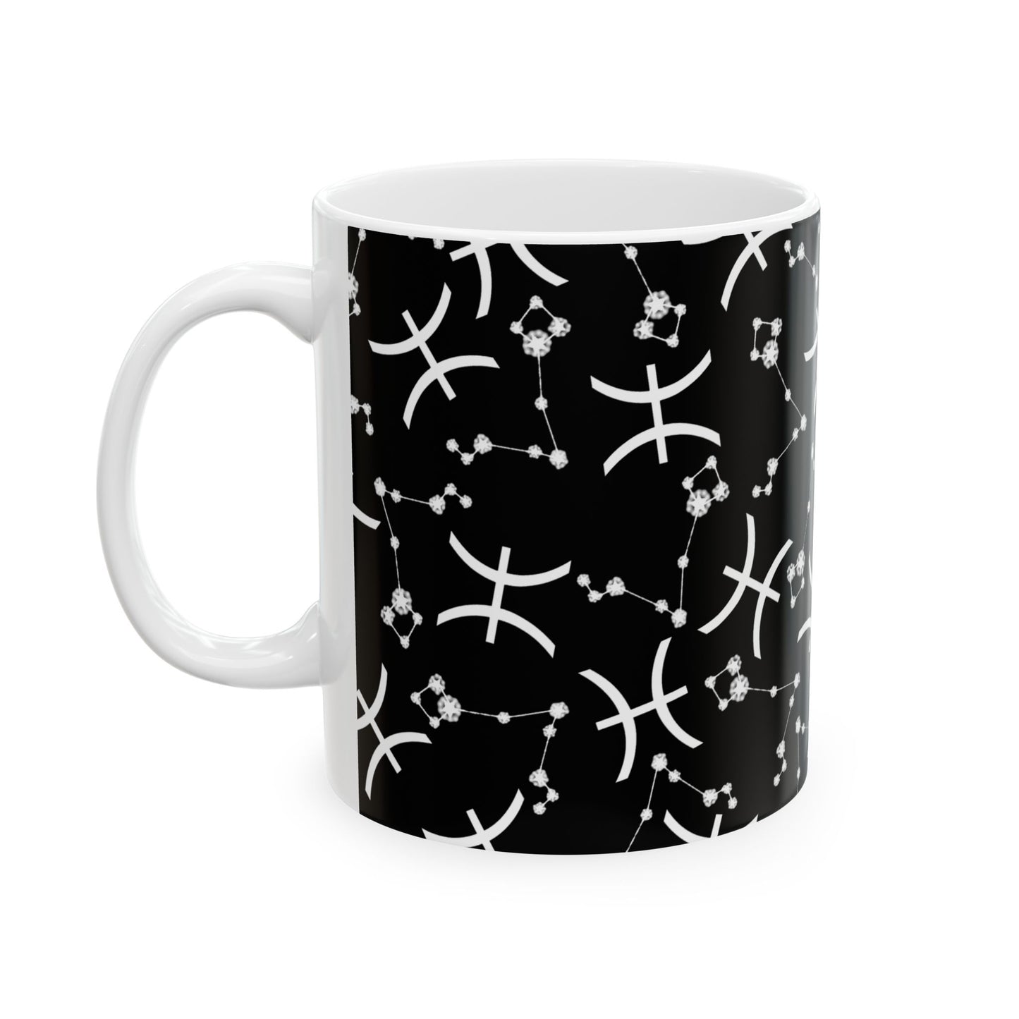 Ceramic Mug, (11oz, 15oz), Ceramic Coffee Mug, Black AOP, Pisces Zodiac Design