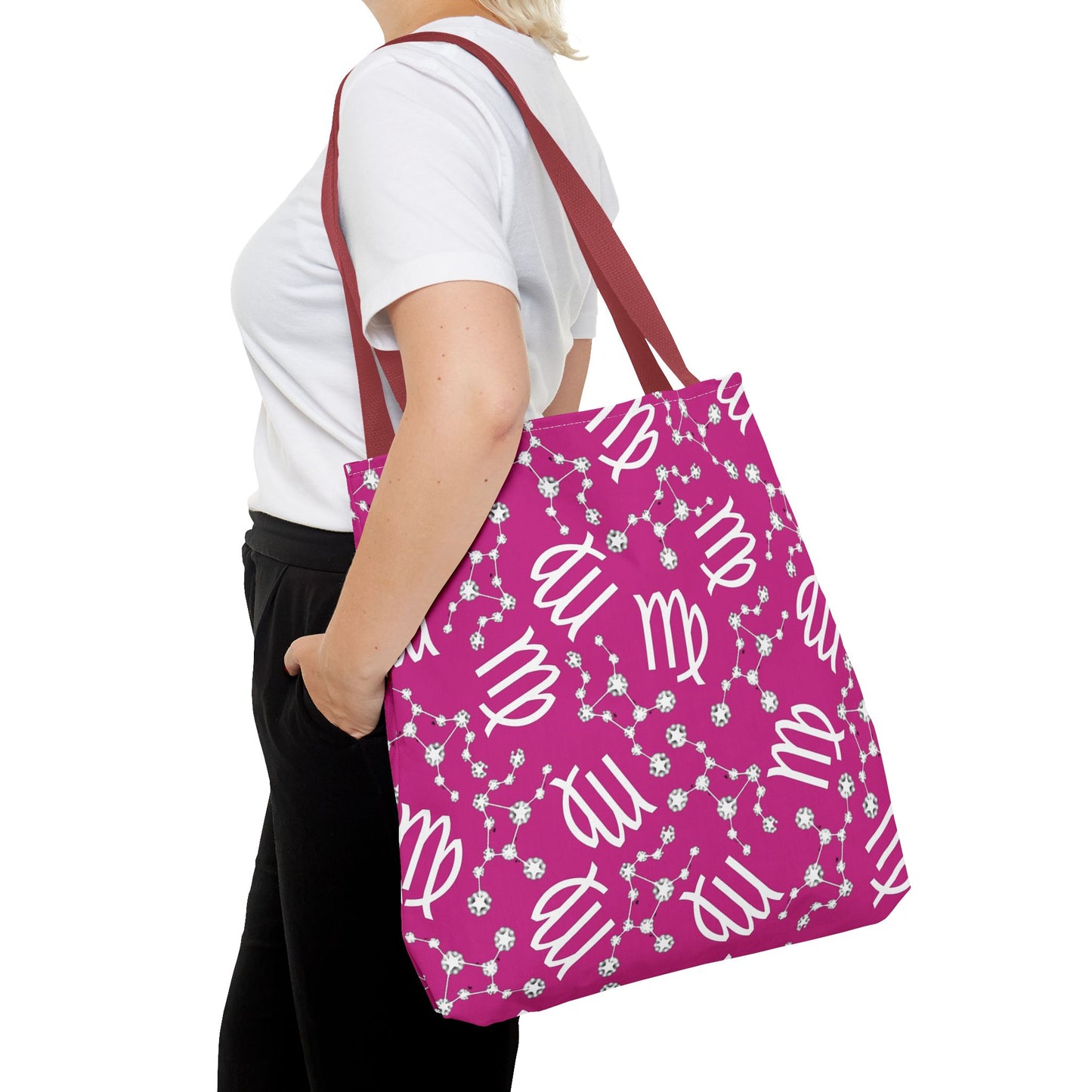 Tote Bag, Virgo Zodiac Sign, AOP, (Pink, White)