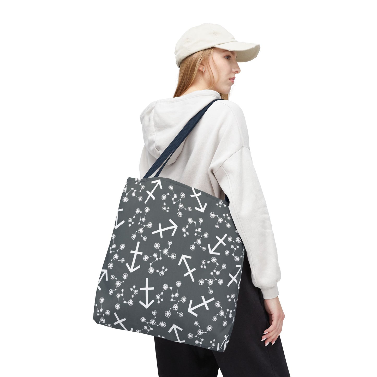 Tote Bag, Sagittarius Zodiac Sign, AOP, (Grey, White Print)