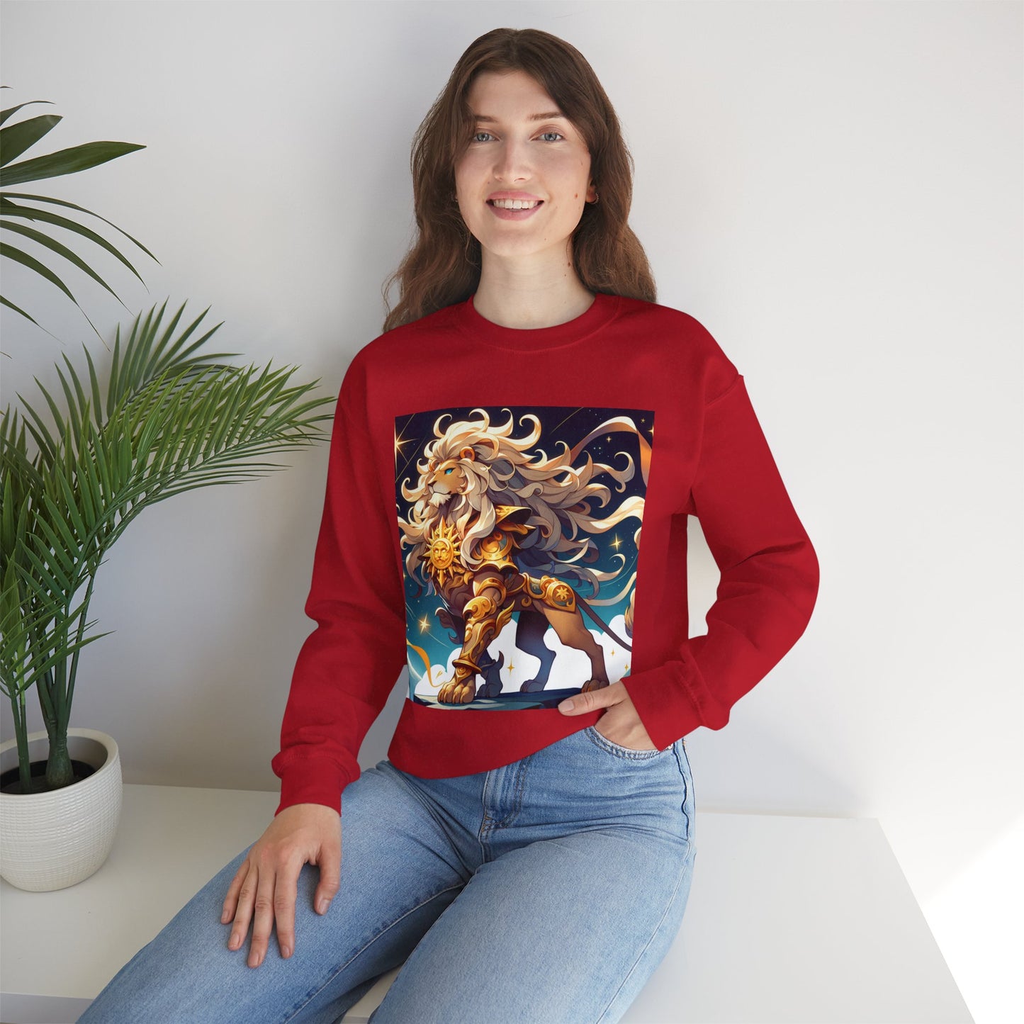 Unisex Heavy Blend™ Crewneck Sweatshirt,Cool Lion with White Hair, Leo Zodiac Design
