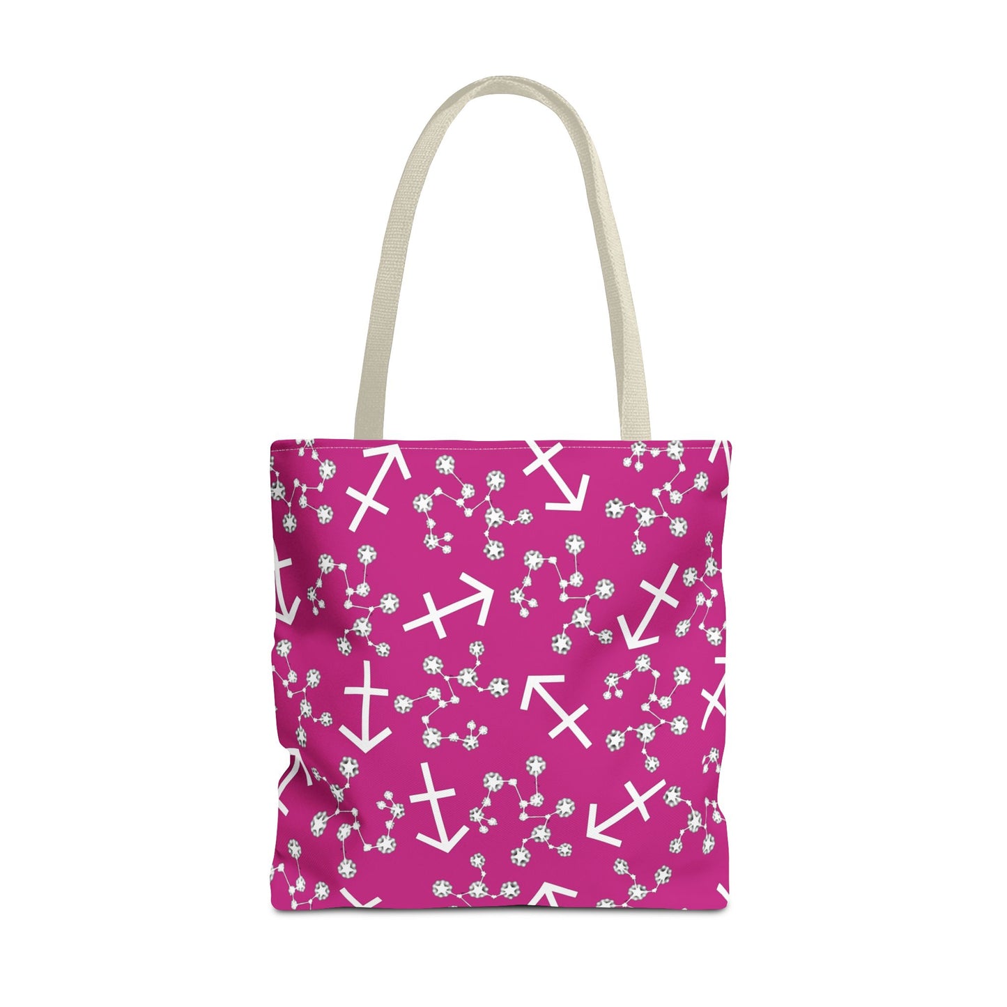 Tote Bag, Sagittarius Zodiac Sign, AOP, (Pink, White Print)