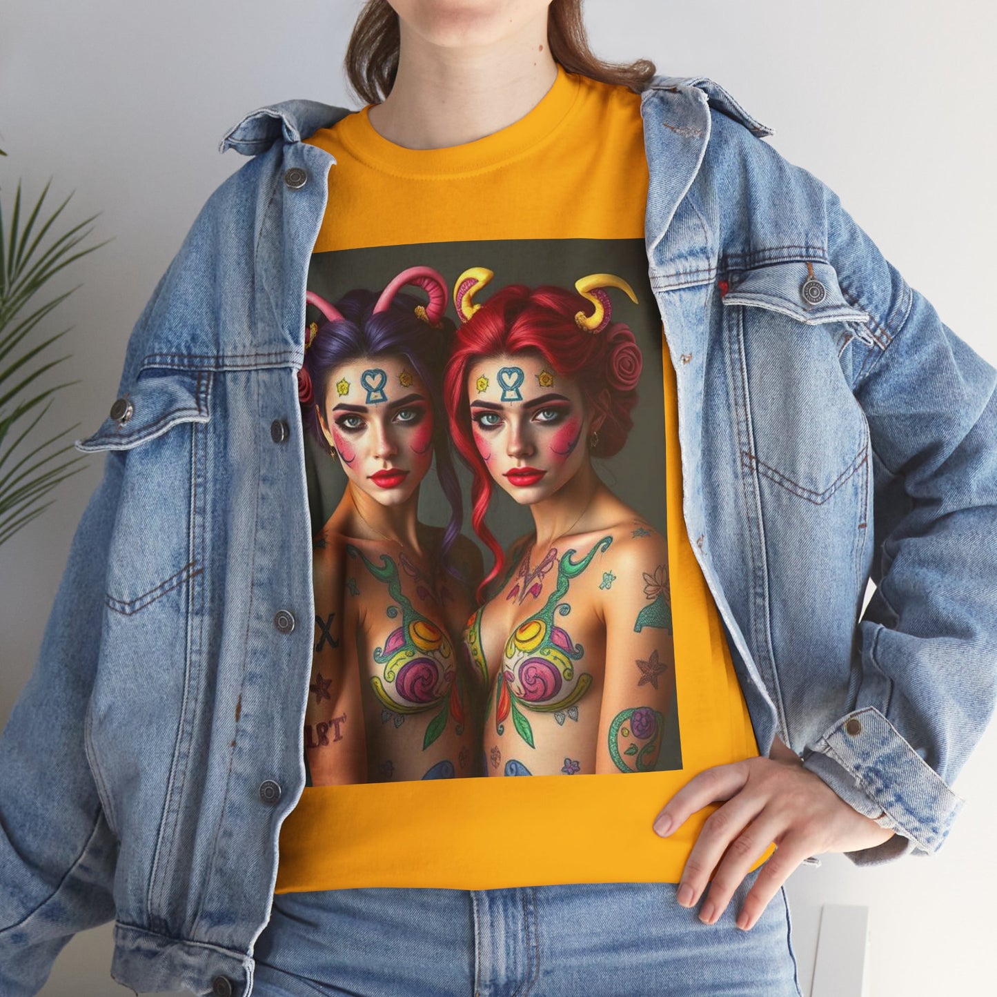 Unisex Heavy Cotton T-Shirt, Gemini, Zodiac v3, Sexy Art