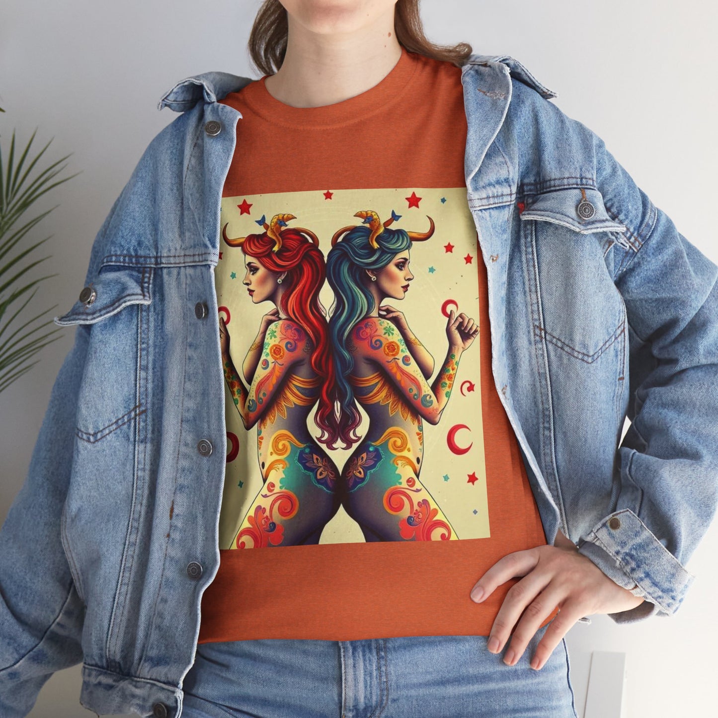 Unisex Heavy Cotton T-Shirt, Gemini, Zodiac v4, Sexy Art
