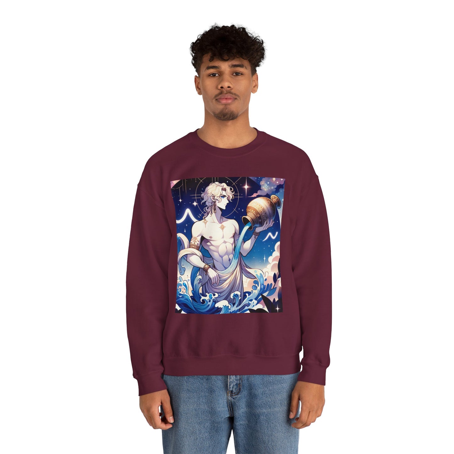 Unisex Heavy Blend™ Crewneck Sweatshirt, Anime Aqua God, Aquarius Zodiac Design