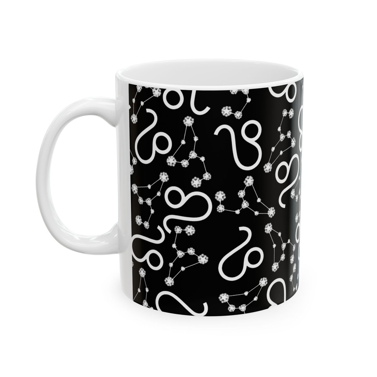 Ceramic Mug, (11oz, 15oz), Ceramic Coffee Mug, Black AOP, Leo Zodiac Design