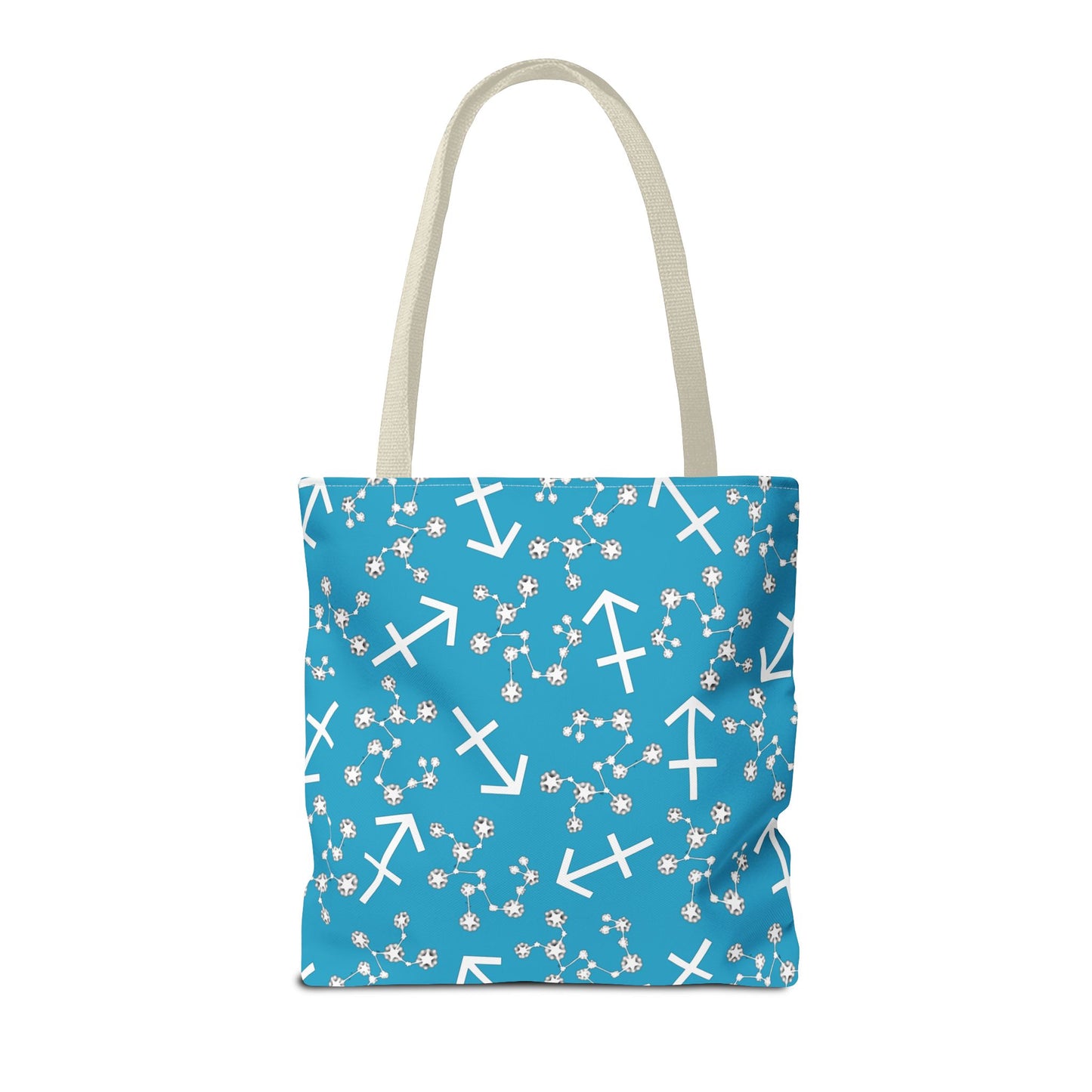 Tote Bag, Sagittarius Zodiac Sign, AOP, (Turquoise, White Print)