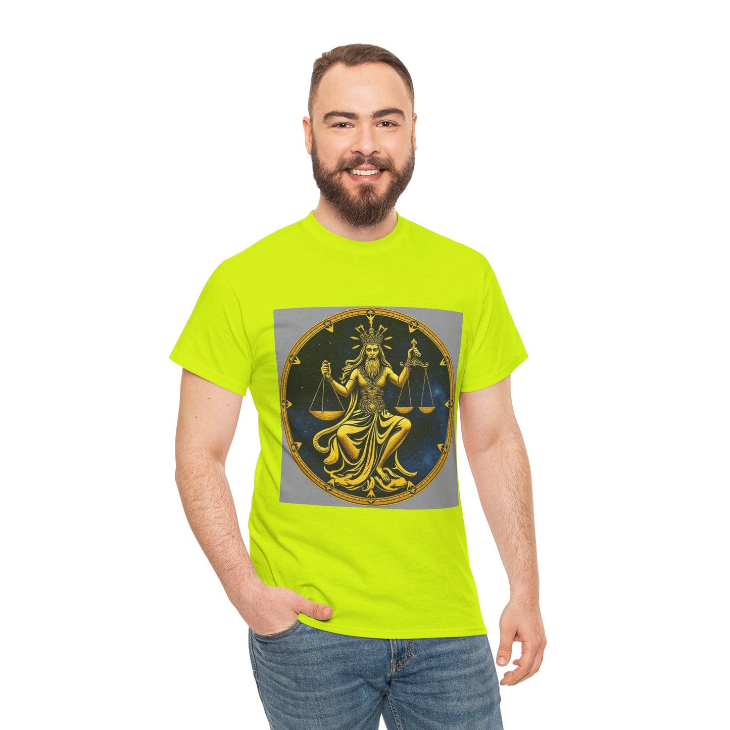 Unisex Heavy Cotton T-Shirt, Gold v1, Libra God, Zodiac Design