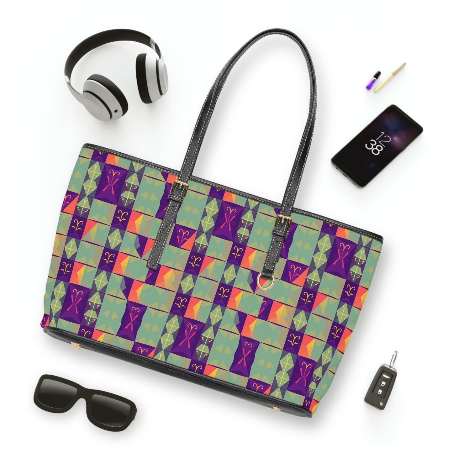 Leather Shoulder Bag, Aquarius, Zodiac v4, Shapes Pattern