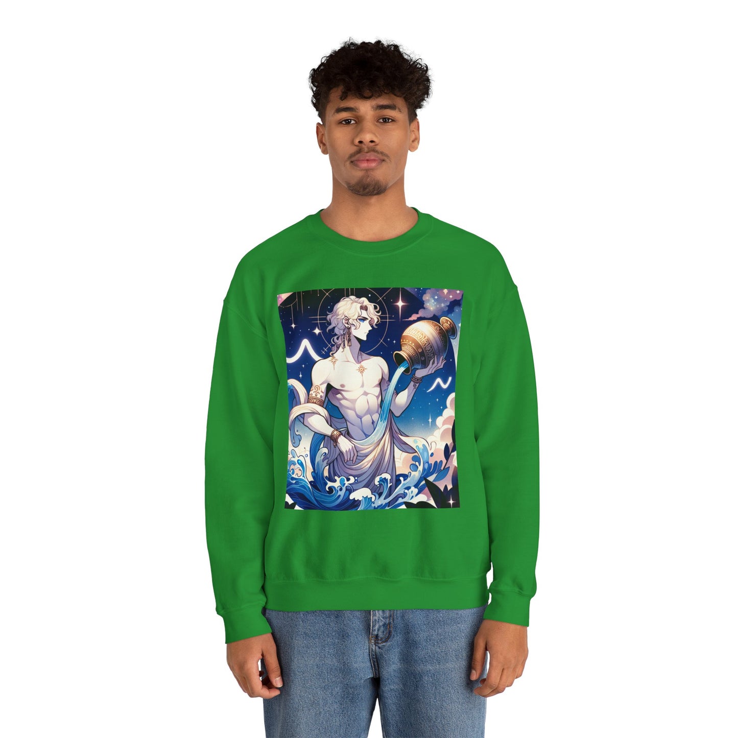 Unisex Heavy Blend™ Crewneck Sweatshirt, Anime Aqua God, Aquarius Zodiac Design