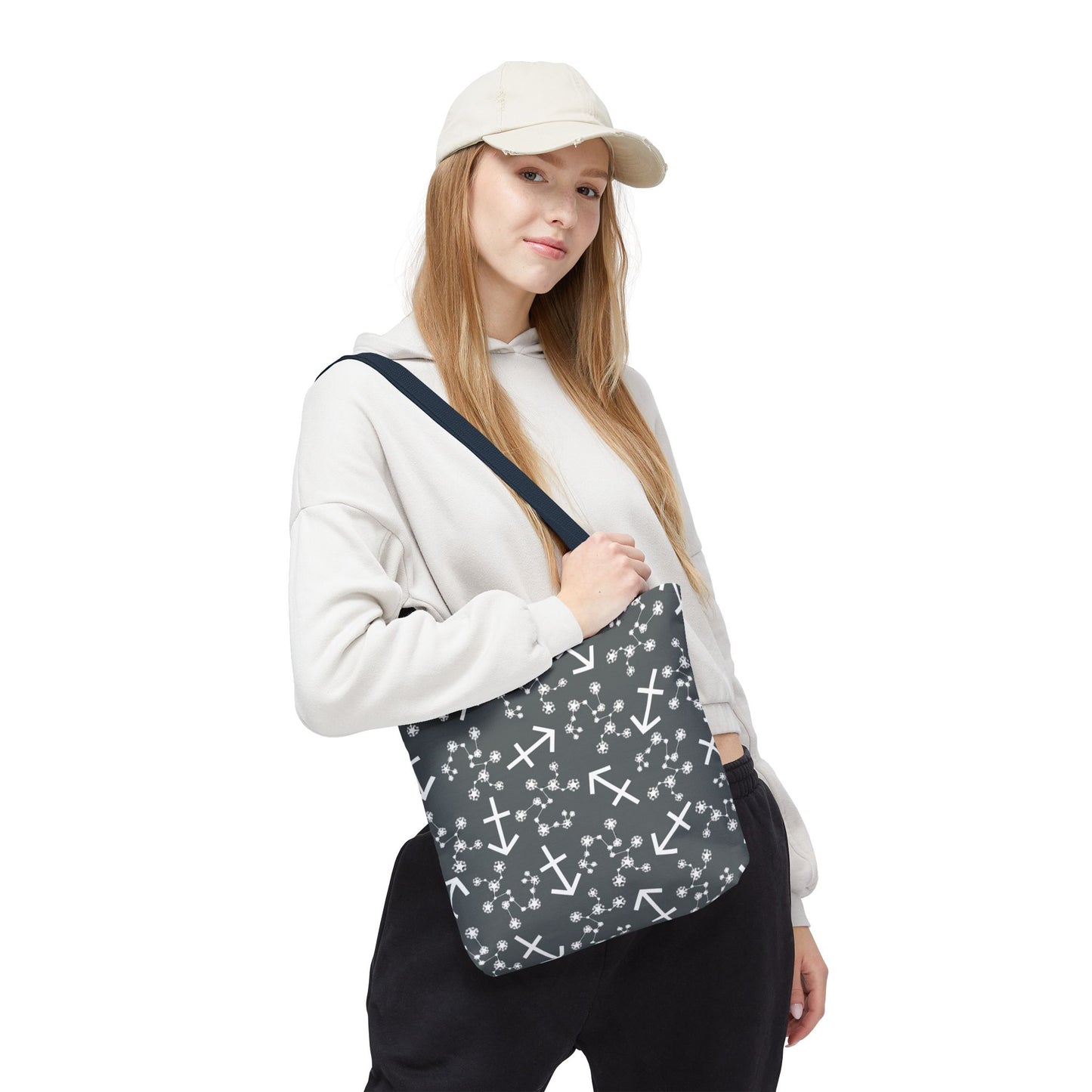 Tote Bag, Sagittarius Zodiac Sign, AOP, (Grey, White Print)