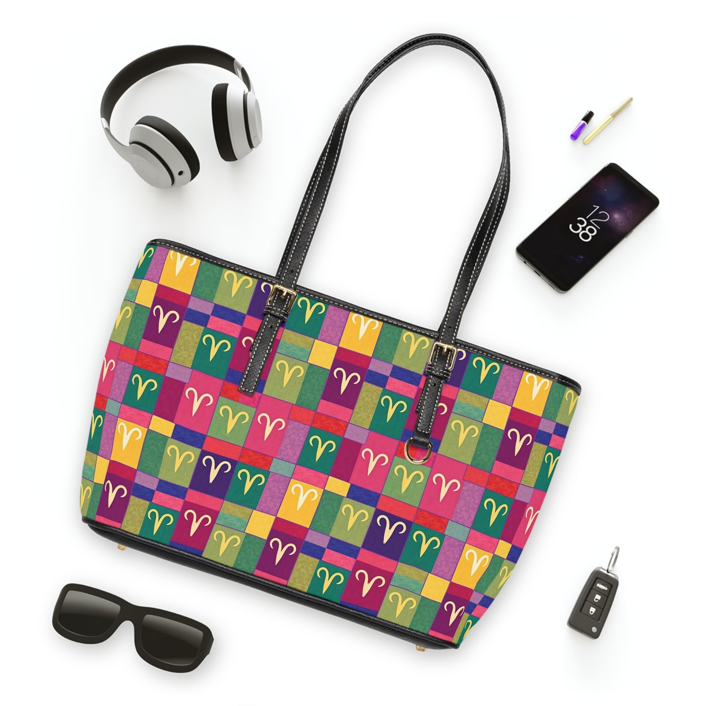 Leather Shoulder Bag, Aries, Zodiac v3, Shapes Pattern