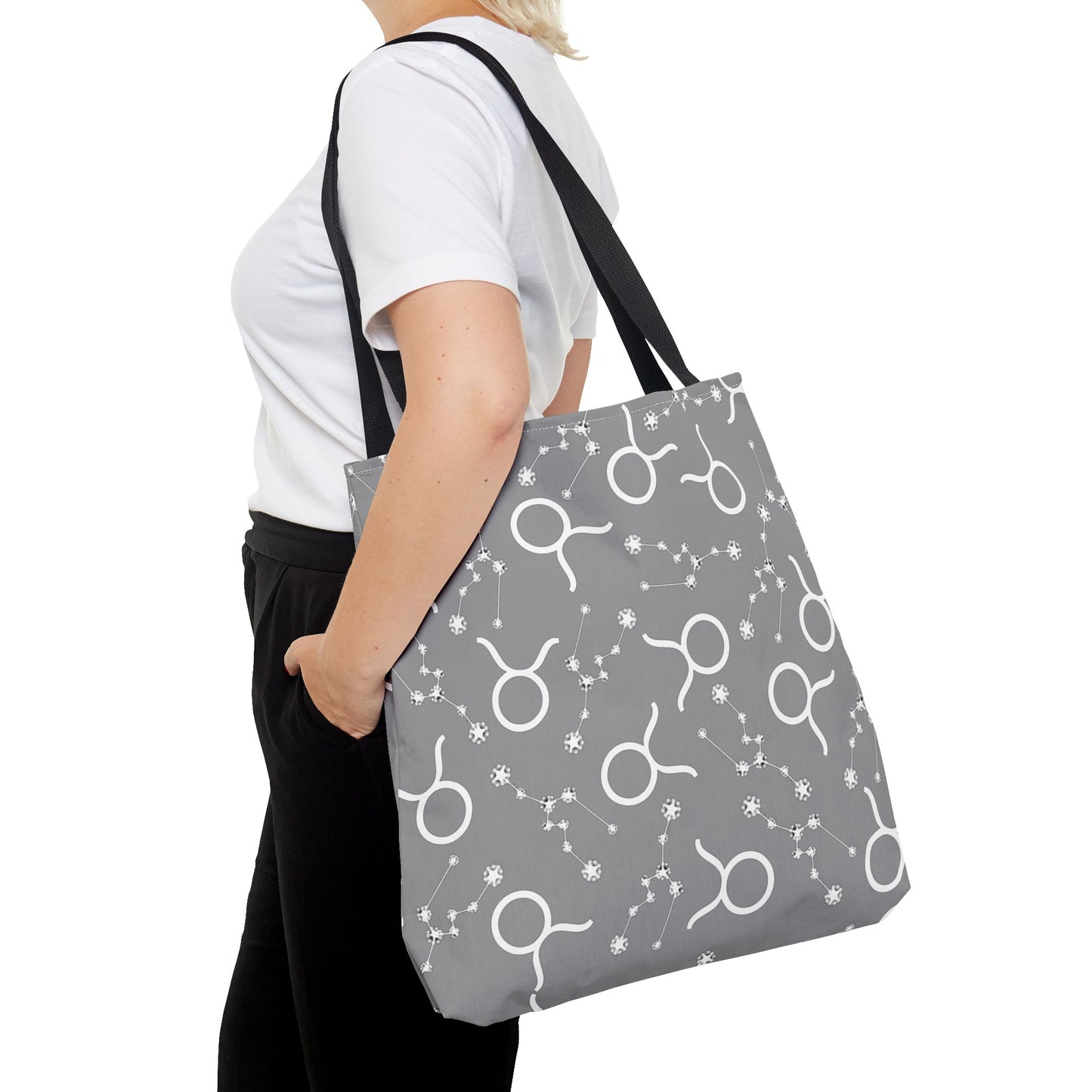 Tote Bag, Taurus Zodiac Sign, AOP, (Grey, White)