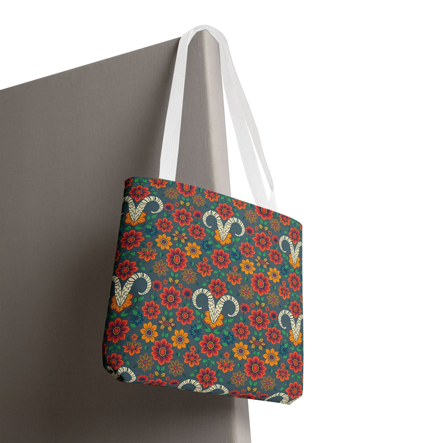 Tote Bag, (AOP), Aries, Zodiac v1, Flower Pattern
